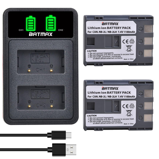 Batmax 2Pcs NB-2L NB-2LH Battery + Built-in USB LED Charger for Canon PowerShot G7 G9 S80 S70 S60 S50 S45 S40 S30, Canon DC410 DC420 EOS 350D 400D Digital Rebel XT XTi, VIXIA HF R10
