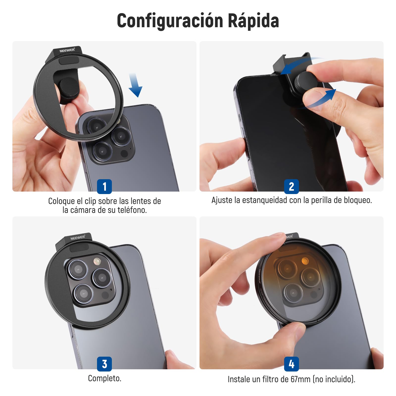 NEEWER 67mm Clip de Filtro Lente Roscado para Filtro Mount Teléfono de Mejorado con Soporte Cold Shoe, 13mm Apertura Compatible con iPhone 15 14 13 Pro MAX Pro MAX Samsung Galaxy S22 S23 Ultra, LA006