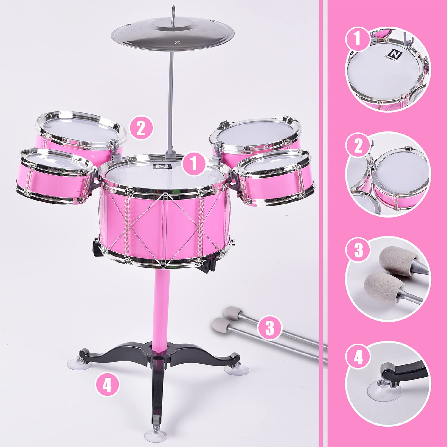 Adecuado para niños de 3 a 7 años, juego de tambor para niños, tambor de jazz (rosa)