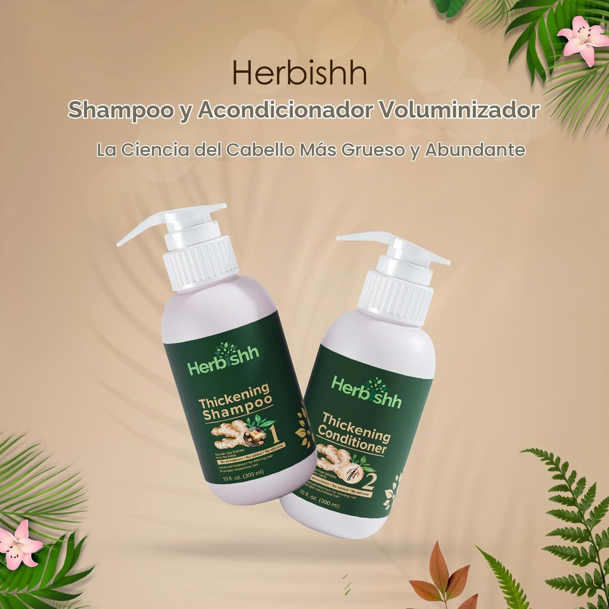 Shampoo y Acondicionador Engrosador con Extracto de Jengibre Herbishh – Kit para Hombres y Mujeres, Estimula el Crecimiento y Engrosamiento del Cabello, Sin Sulfatos ni Parabenos, Todo Tipo de Cabello