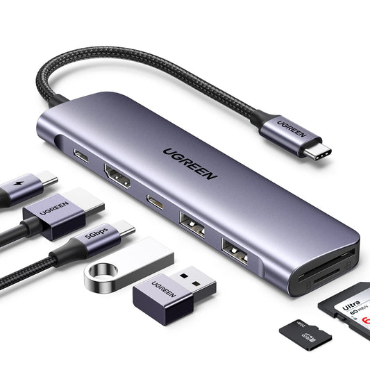 Adaptador USB C UGREEN Plateado 7 en 1 con HDMI 4K y Lector de Tarjetas para Macbook y más