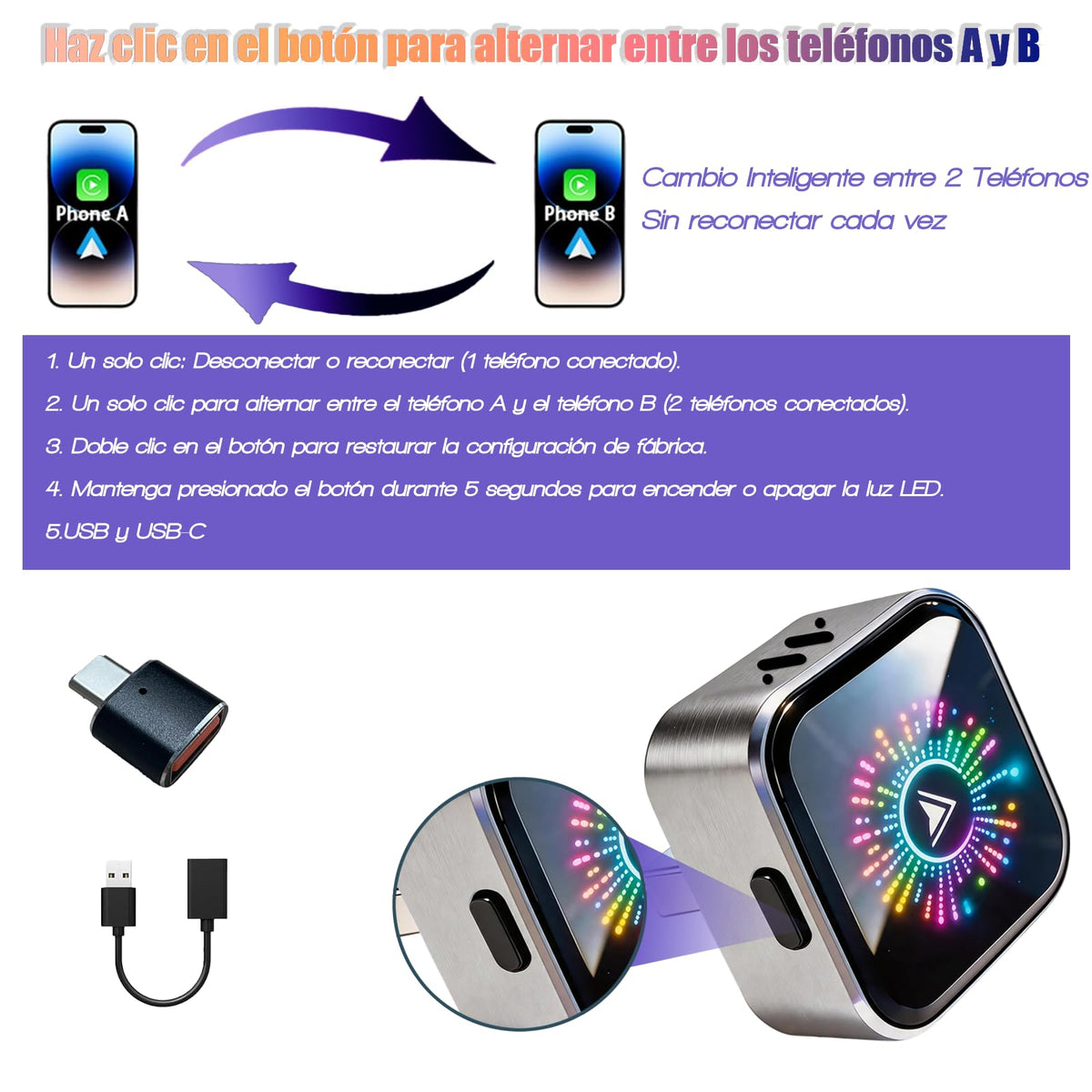 Adaptador Inalámbrico YIGANGBAO RGB Actualizable 2 en 1 para CarPlay y Android Auto
