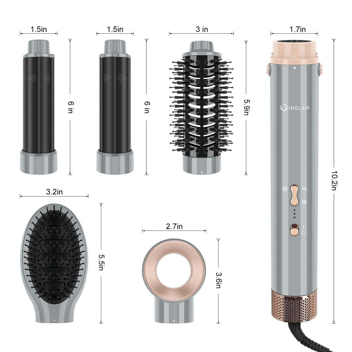 Cepillo Secador IG INGLAM Gris con Motor iónico BLDC de 110.000 RPM y Volumen 5 en 1