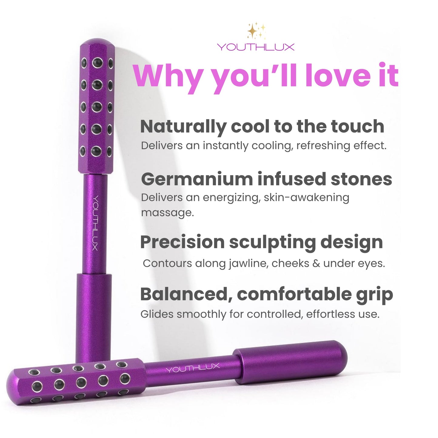 YOUTHLAB Radiance Roller - Germanium Stone Uplifting Face Massage Beauty Roller/Tool for Skin Tightening/Firming, De-Puffing, Anti-Aging and Tension Relief (Purple and Rose Gold)