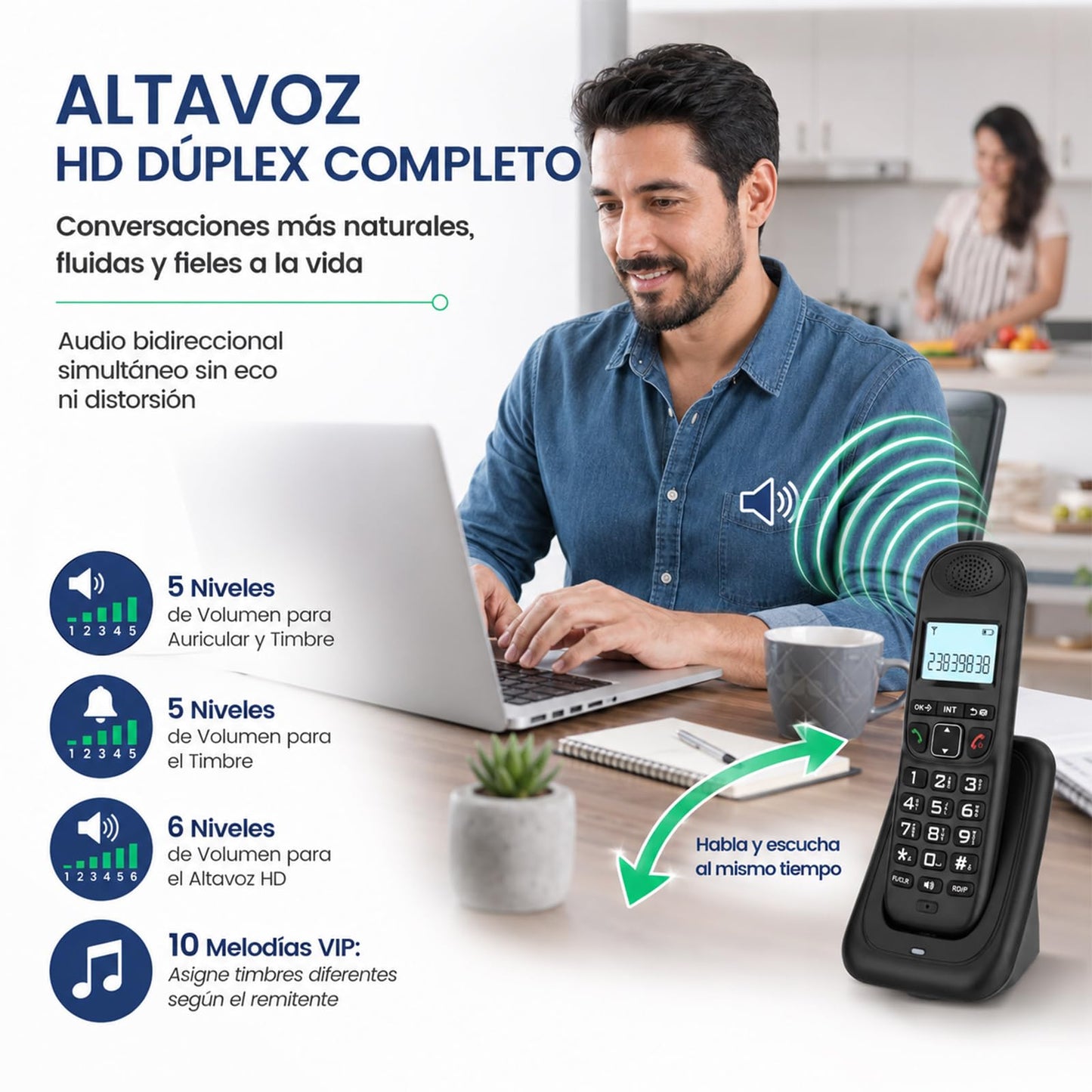 Telefono inalambrico casa con LCD visualización y botones grandes,DECT 6.0 con Expandible de 5 Teléfonos y 4 Bases,identificador de llamadas/llamada en espera,Altavoz dúplex completo,último remarcado