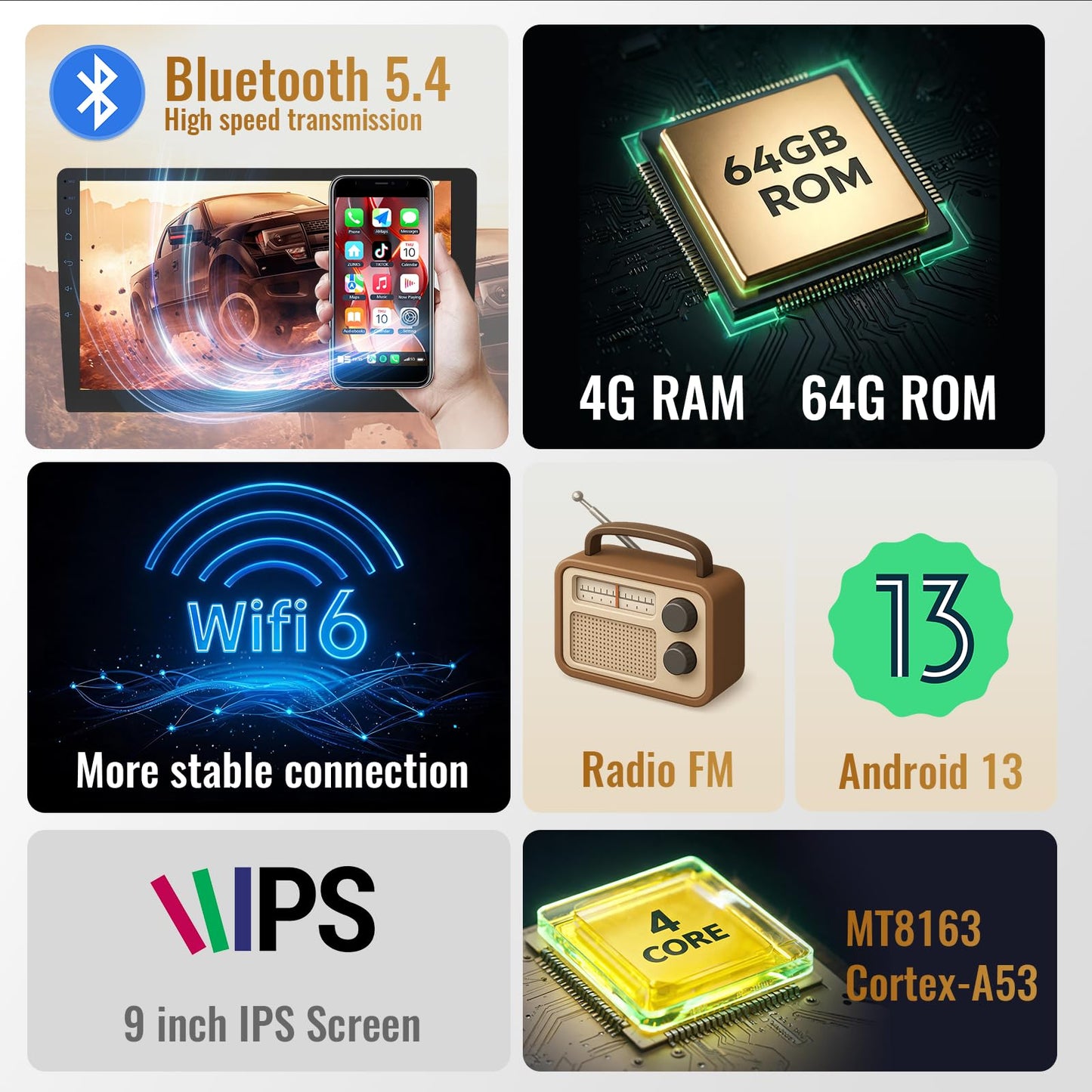 Haudio Estéreo de coche doble DIN de 9 pulgadas con Apple CarPlay y Android Auto, Android 13 Radio de coche 4+64 GB, visualización táctil IPS, navegación GPS, Bluetooth, WiFi, FM/AM/RDS, cámara de
