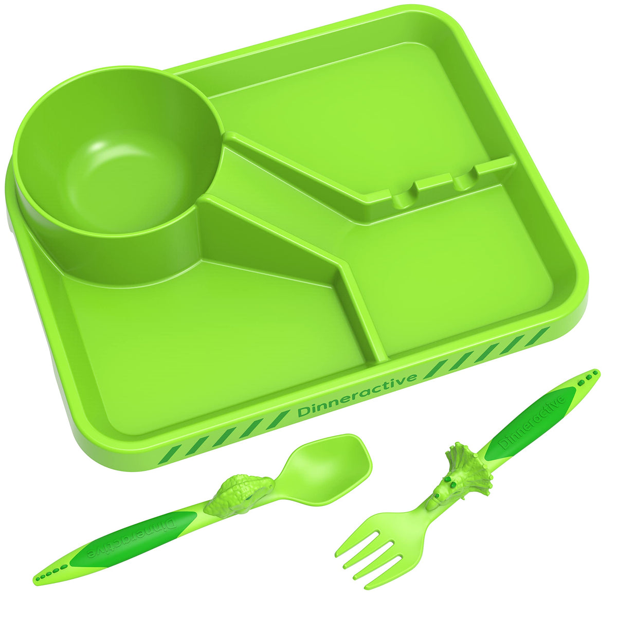 Dinneractive - Juego de comedor para niños, vajilla de dinosaurio verde, 3 piezas, utensilios de dinosaurio, platos para niños pequeños, platos para bebés