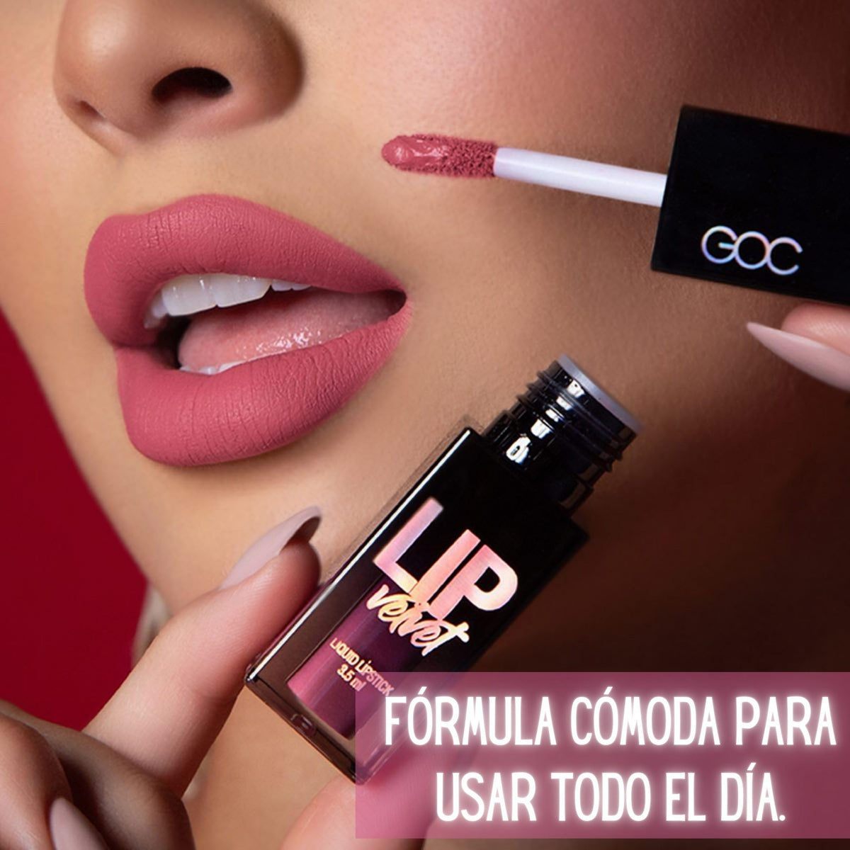 GOC Lip Velvet Liquid Lipstick | Labial | Maquillaje | Es de larga duración | Acabado aterciopelado y suave | Color intenso | Permite una fácil y uniforme aplicación | 3.5 ml | Color Happy | Modelo GLV06