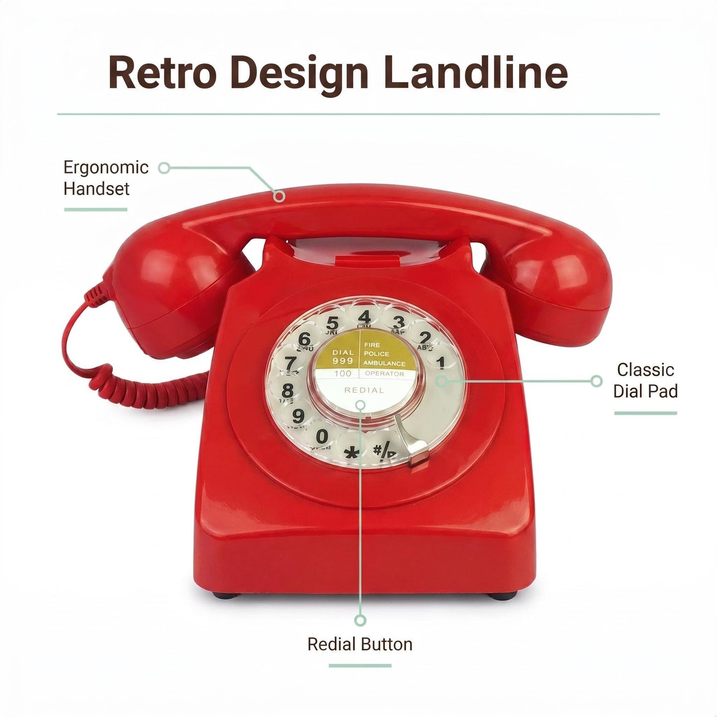 Teléfonos de esfera giratoria rojos Benotek de los años 80, estilo antiguo, retro, teléfono de escritorio con cable fijo de línea única para hogar, oficina, escuela, hotel