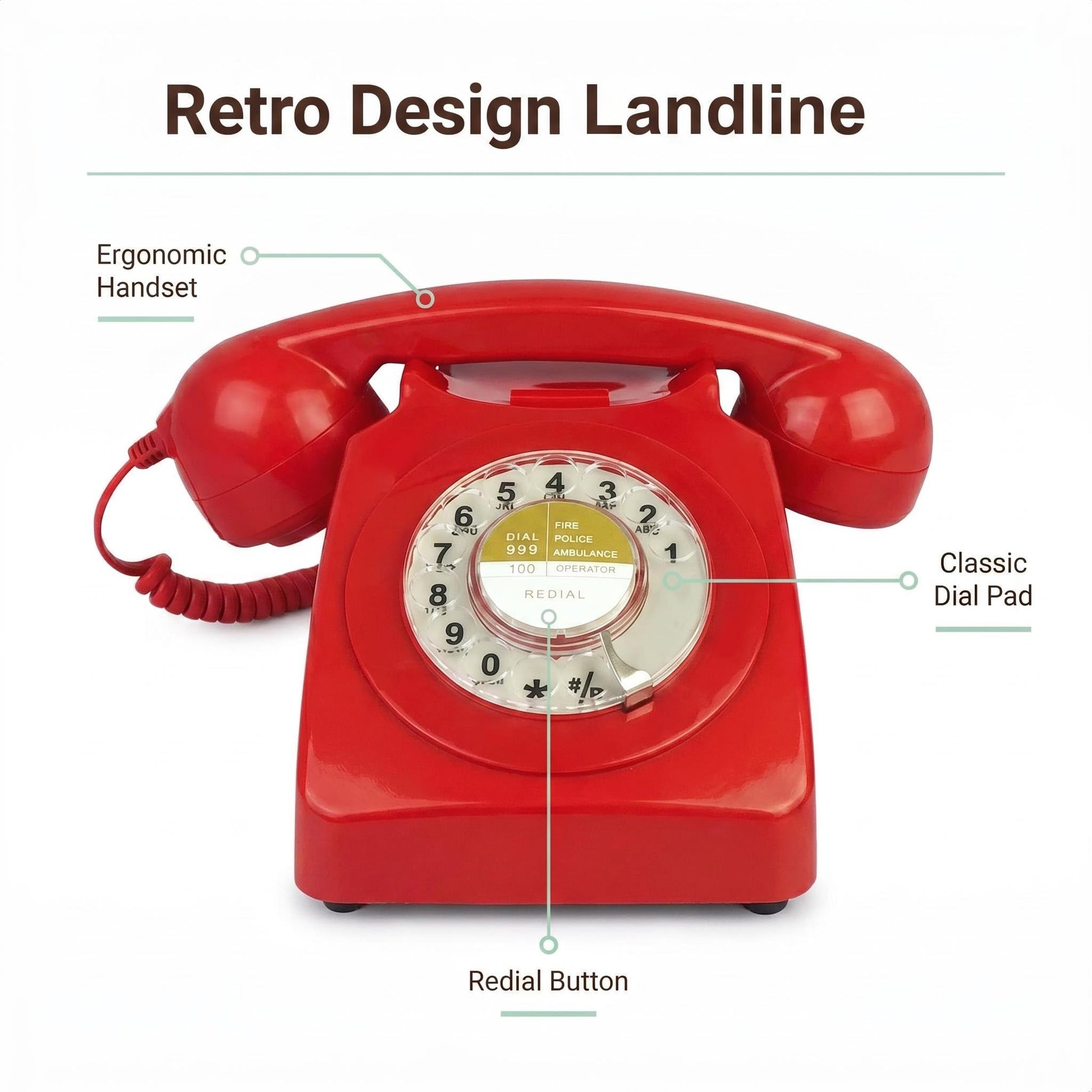Teléfonos de esfera giratoria rojos Benotek de los años 80, estilo antiguo, retro, teléfono de escritorio con cable fijo de línea única para hogar, oficina, escuela, hotel