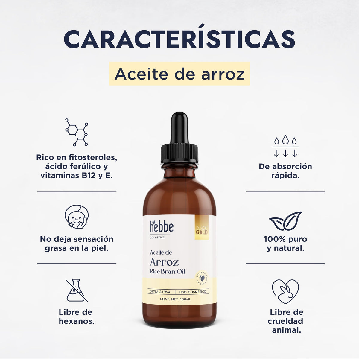 HEBBE - Aceite de Arroz 100 ml | Regula la Producción de Sebo | Hidratante para la Piel | Mejora la Apariencia de la Piel Envejecida | Trata Quemaduras Solares | Promueve la Formación de Colágeno | Contenido 100 ml