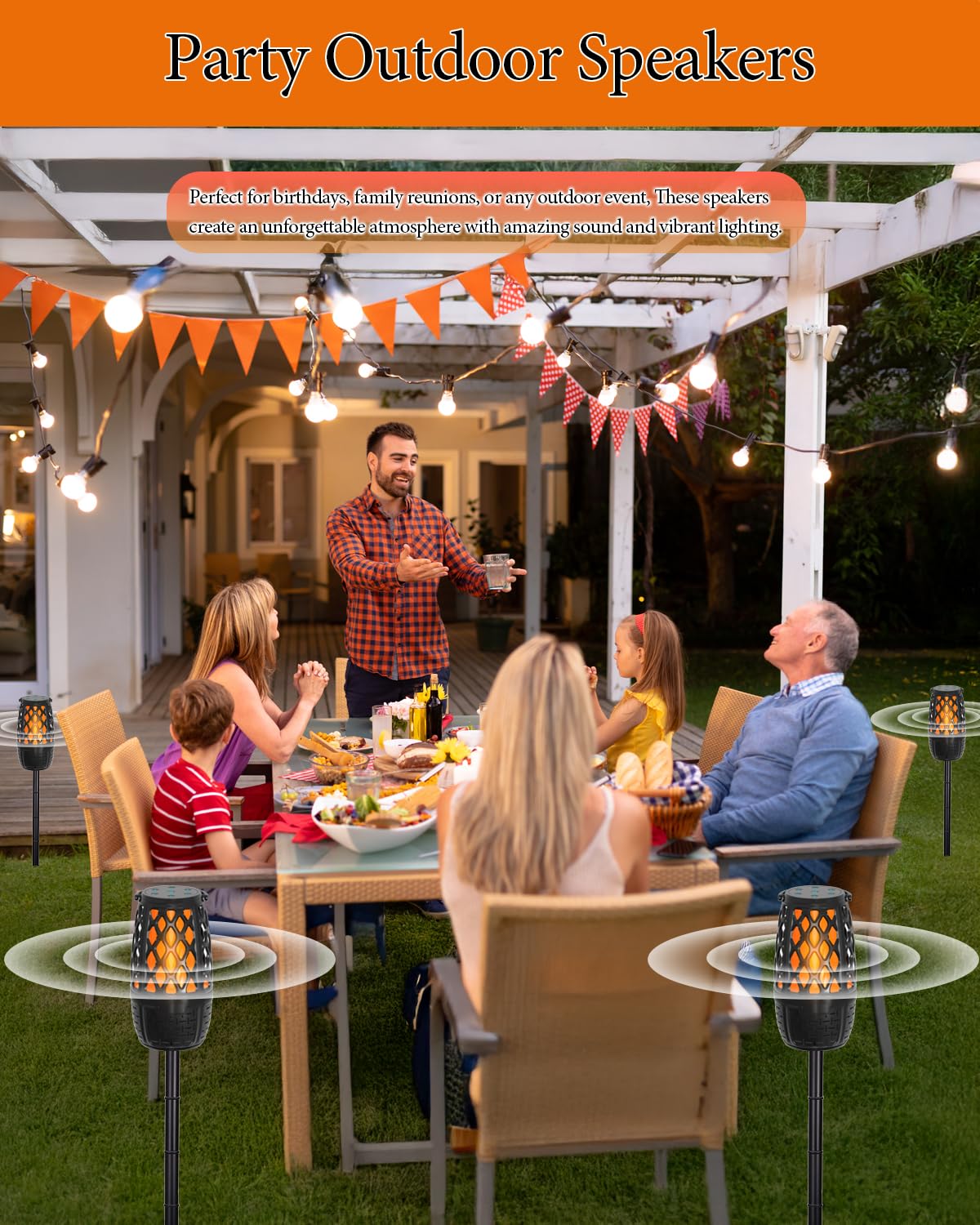 Paquete de 2 altavoces Bluetooth LED con llama para exteriores, regalos únicos para hombres, IPX6 impermeable Tiki antorcha atmósfera altavoz para fiesta, patio, jardín, altavoces al aire última