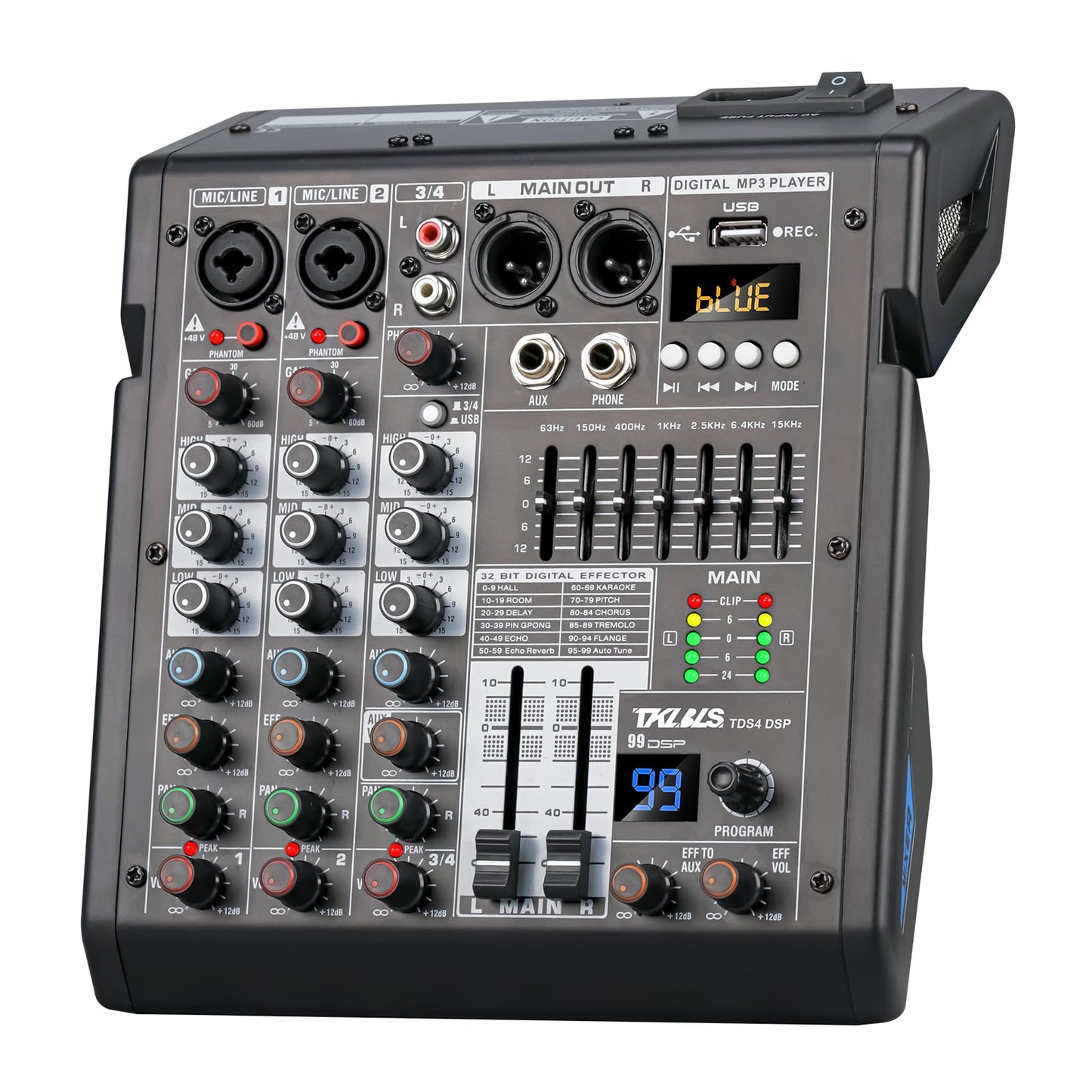 Mezclador de Audio TKLBLS Estéreo con Consola de Mezcla DSP de 4 Canales y Salida de EQ de 7 Bandas