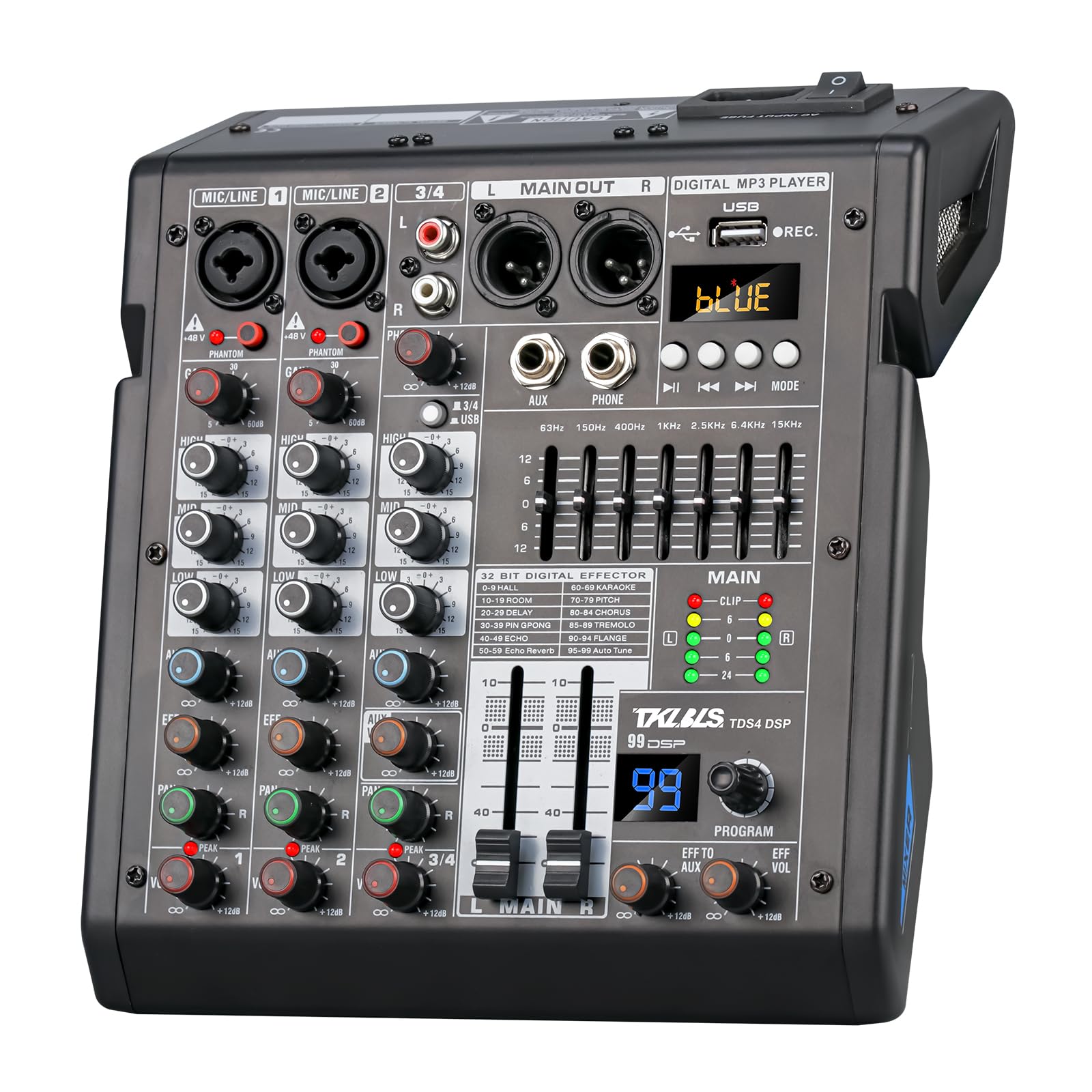 Mezclador de Audio TKLBLS Estéreo con Consola de Mezcla DSP de 4 Canales y Salida de EQ de 7 Bandas