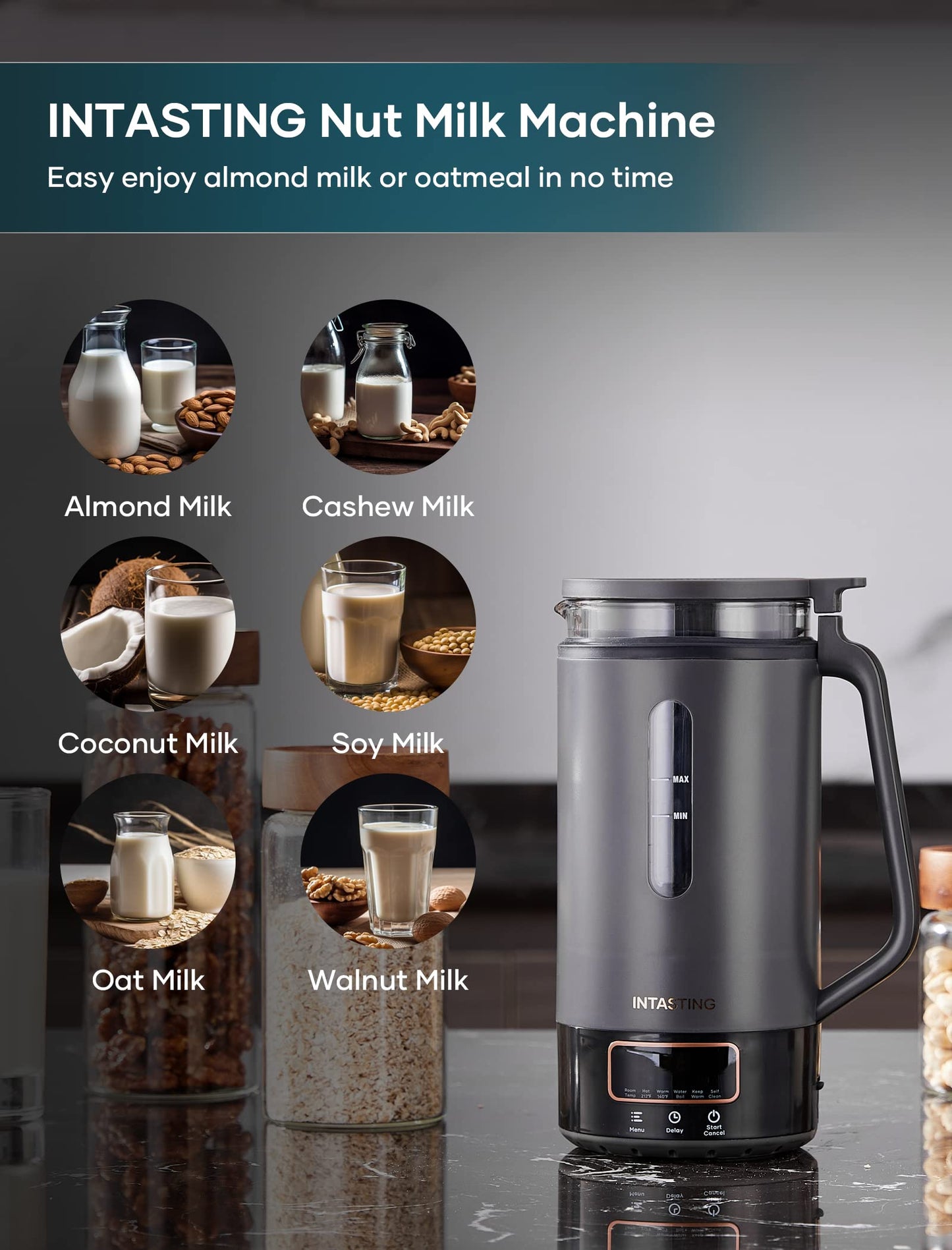 INTASTING - Máquina automática de leche de nueces, interior de vidrio, almendras caseras, avena, etc., máquina de leche de soja con 6 preestablecidos, mantiene caliente, retrasa, hervir agua, mezcla, autolimpiable, protección contra ebullición y seco, fác
