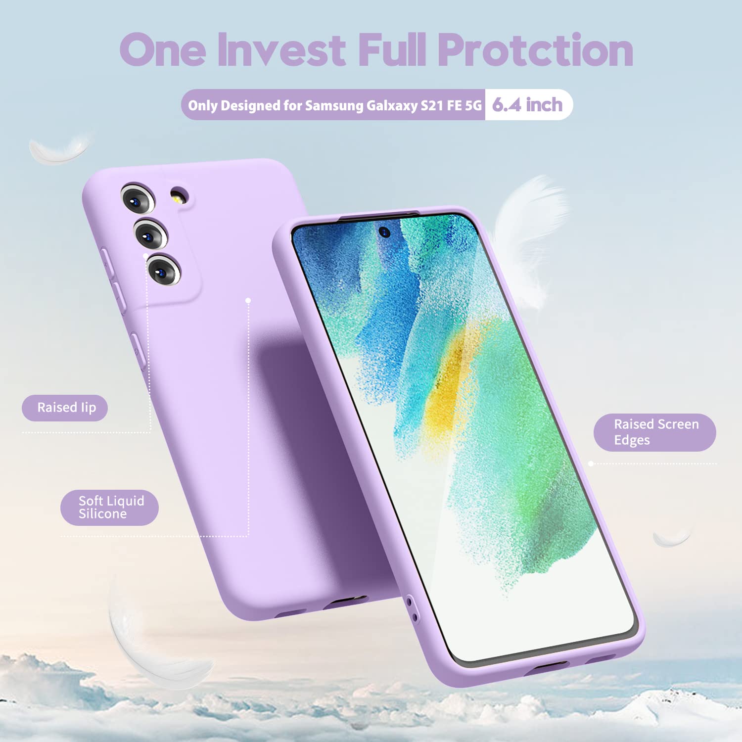 oakxco - Funda de silicona líquida para Samsung Galaxy S21 FE 5G, bonita funda delgada de goma suave TPU lisa para mujeres y niñas, mate sólido protector y a prueba de golpes, lila lavanda morado
