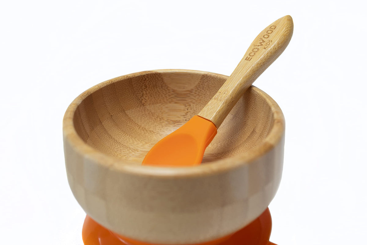 Ecowood® Tazón/Plato Hondo/Bowl de Bambú para Bebe y Niño - Con Base de Silicona Succión Adherente y Antiderrapante (Naranja)