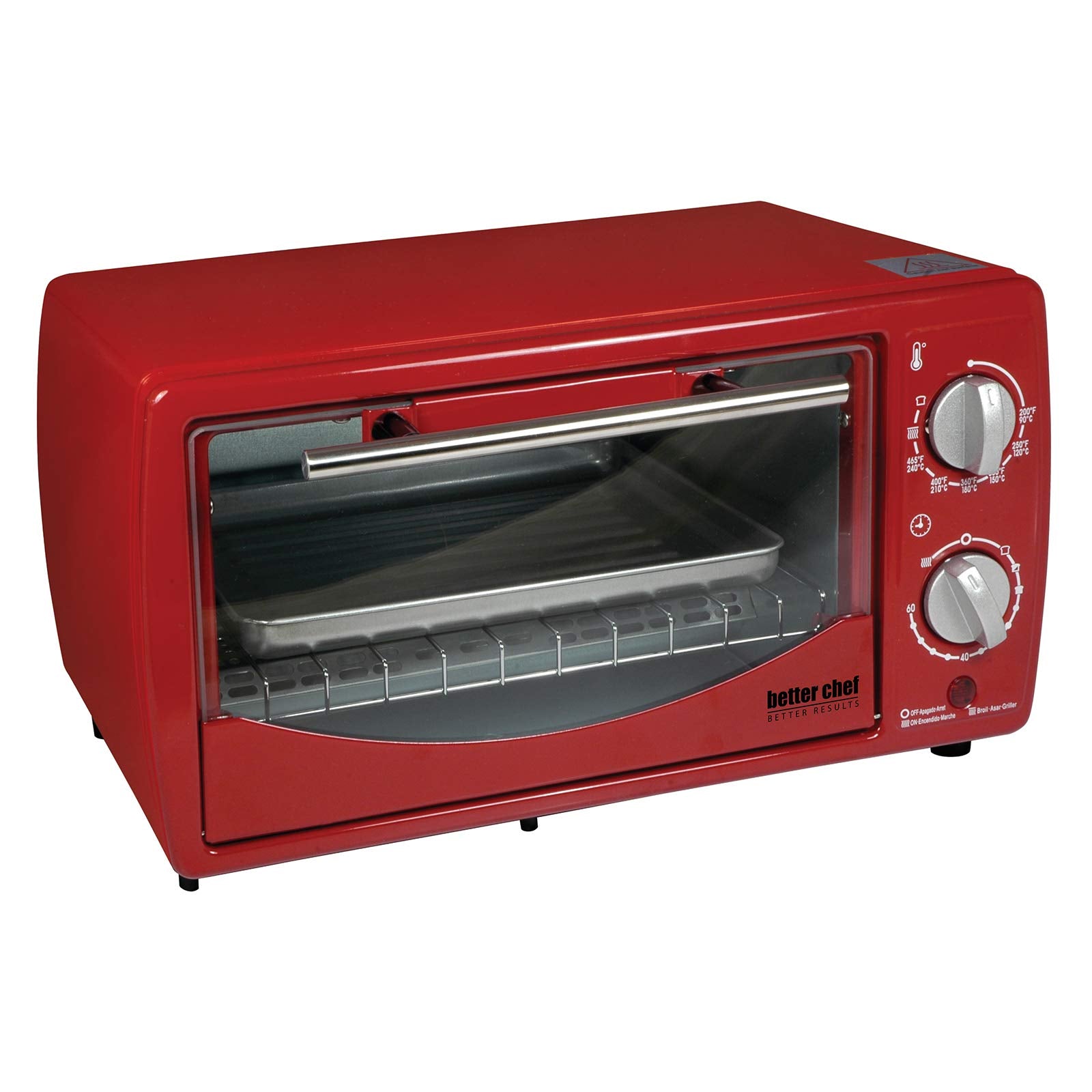 Better Chef Basic Tostador Horno | 4 rebanadas | Temporizador de 60 minutos | Estante deslizante | charola para hornear | Broil (rojo)