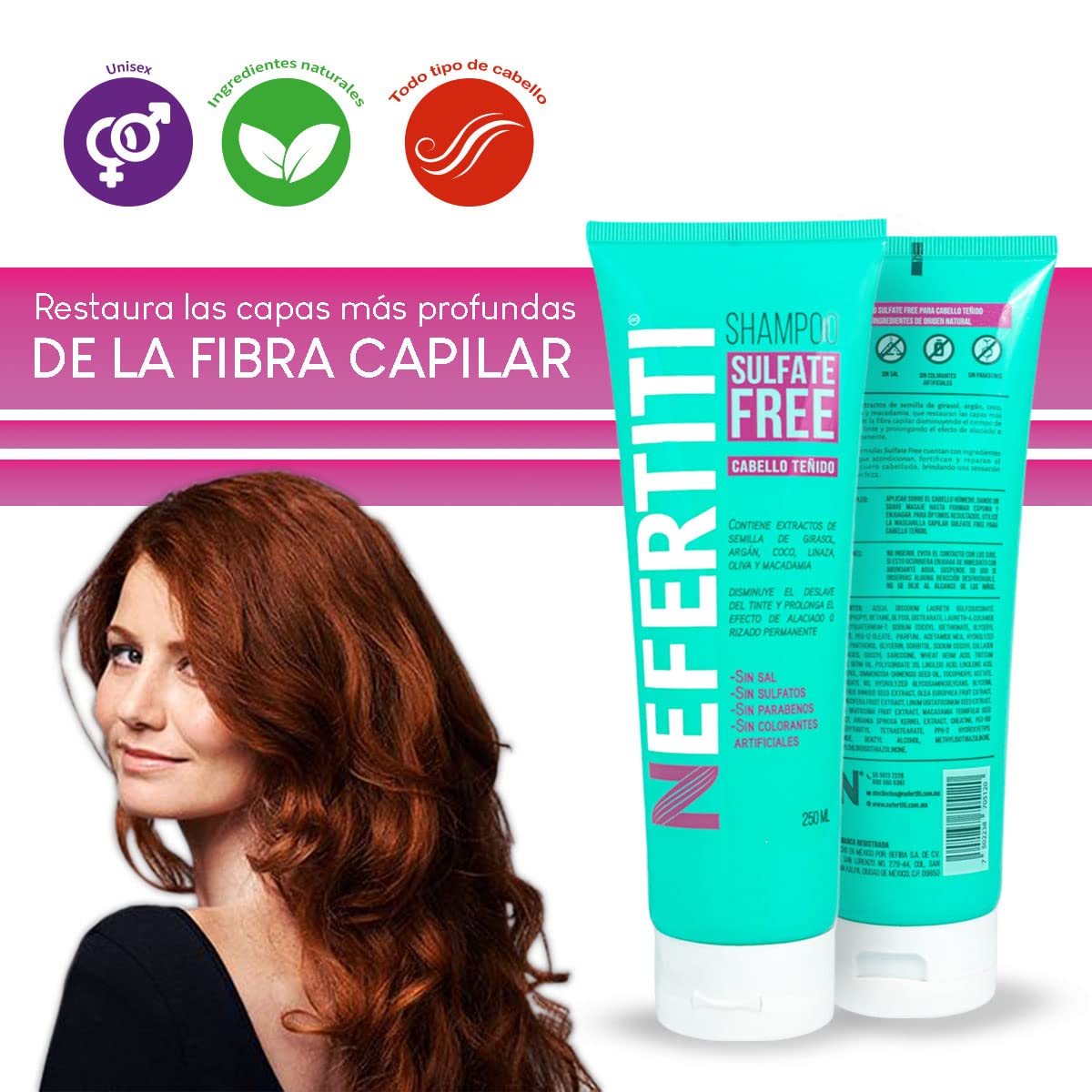 Kit Cabello Teñido Shampoo sin Parabenos + Mascarilla Sulfate Free de Nefertiti con Aceite de Argán, y Macadamia, Prolonga la Duración del Tinte, Alaciado y Permanente.