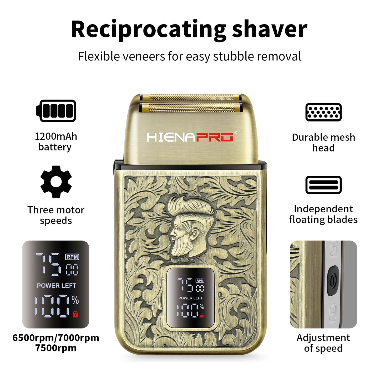 HIENA PRO - Maquinilla de afeitar eléctrica para hombres, máquina de afeitar de aluminio profesional sin cable y cabeza calva, afeitado de viaje, carga USB, pantalla LED, regalo perfecto para hombres