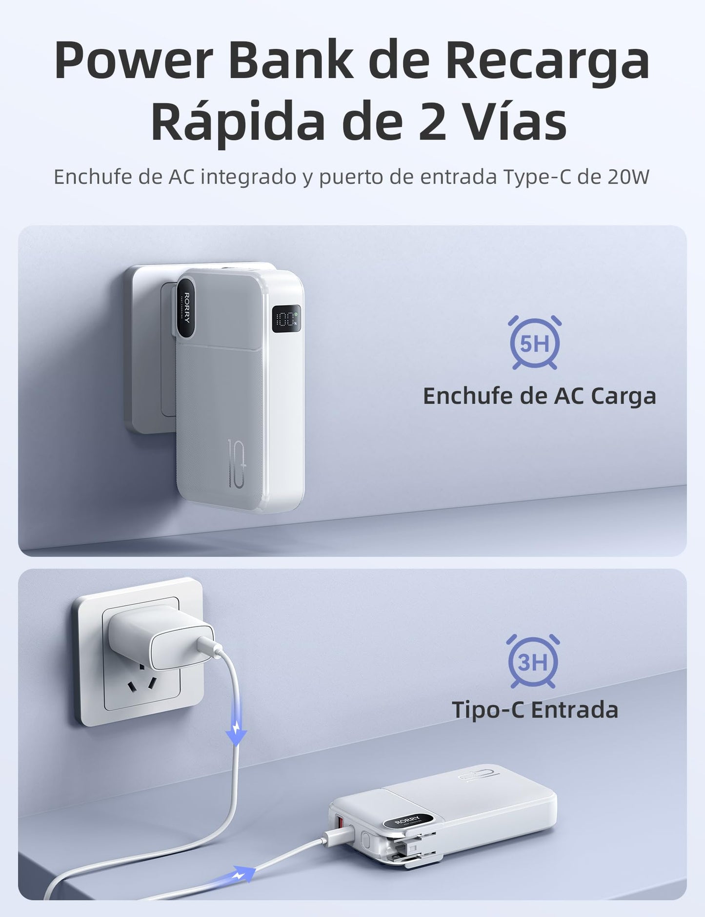 Power Bank RORRY Blanco Bateria Portatil 10000 mAh Pila con Enchufe AC Plegable y Cables Integrados