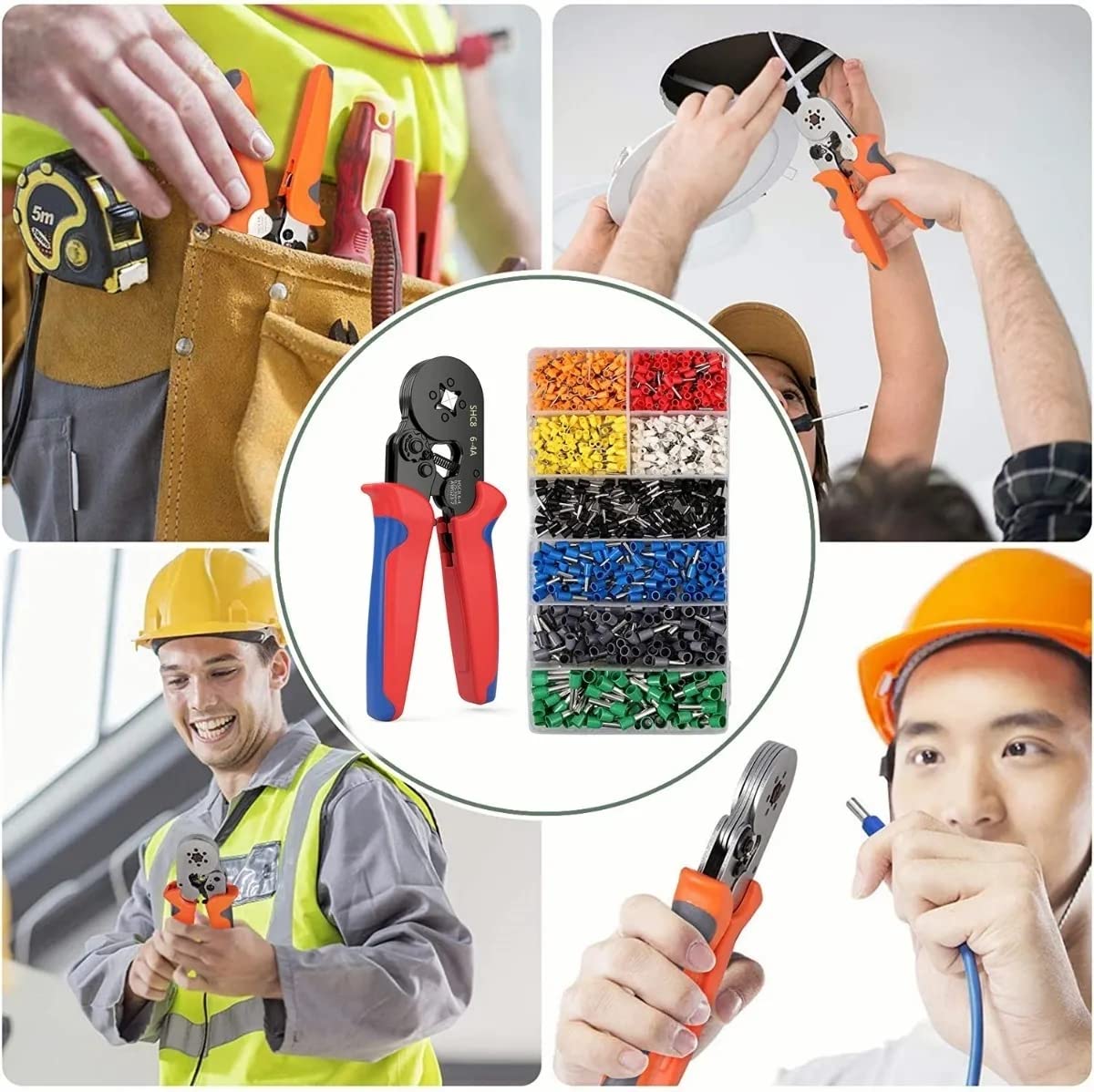 Kit de herramientas para prensar (AWG23-7) Juego de alicates para prensar Alicates de trinquete autoajustable Kit de herramientas para prensar cables con 1250 piezas de terminales de cables Conectores para prensar collares de extremos de cables Adecuado p