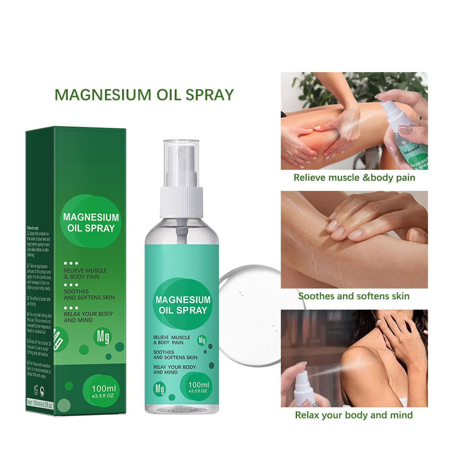 Saluaqui Spray de Aceite de Magnesio de 100 Ml Aceite en Aerosol de Magnesio Puro para Aliviar los Músculos Cansados, Niebla de Magnesio de Rápida Absorción, Spray de Relajación