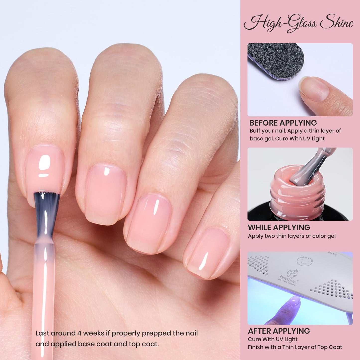 Kit de esmalte de uñas en gel Beetles Nude Pink con lámpara de uñas con luz LED UV, kit de inicio de 6 piezas, capa superior de gel base, juego de esmalte de gel Soak Off Nude Pink con lima de uñas para manicura DIY, uñas neutras, regalo para mujeres