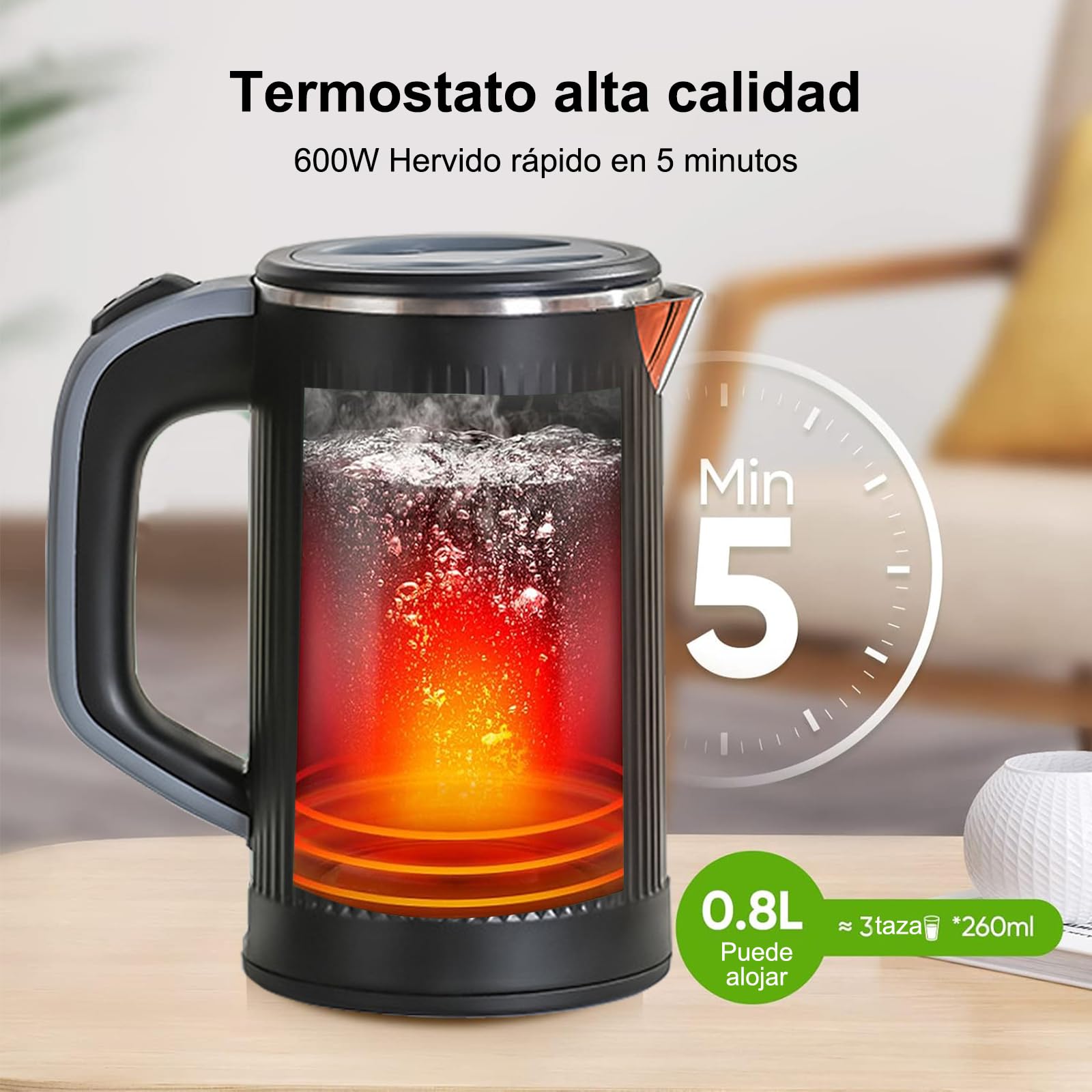Tetera Electrica RYEWGRV Negro Acero Inoxidable Portátil 0.8 L 600 W