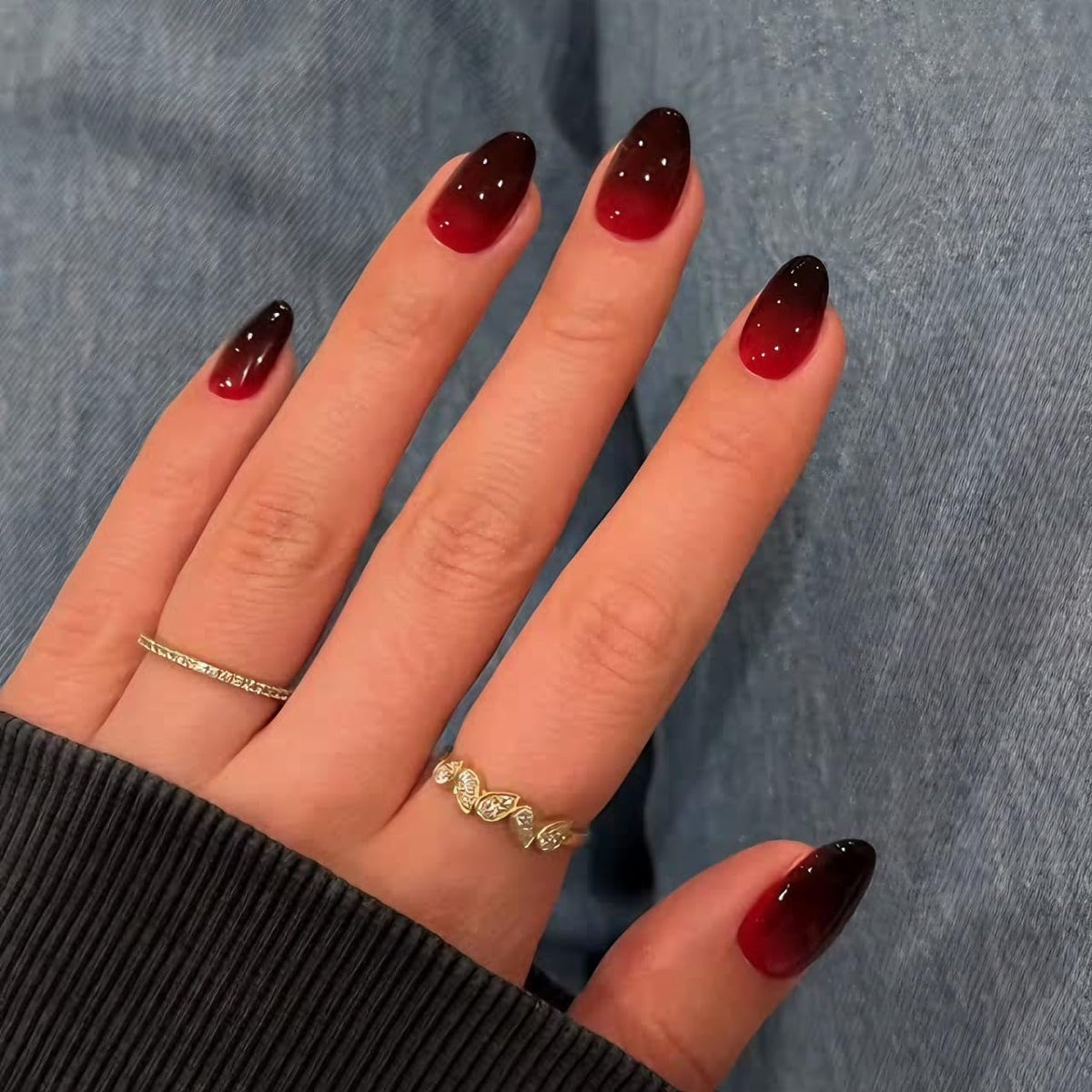 SXVME Uñas postizas francesas rojas y negras, cortas, ovaladas y redondas, con pegamento, uñas postizas cortas con degradado, uñas postizas acrílicas hechas a mano de gel, uñas de almendra natural par