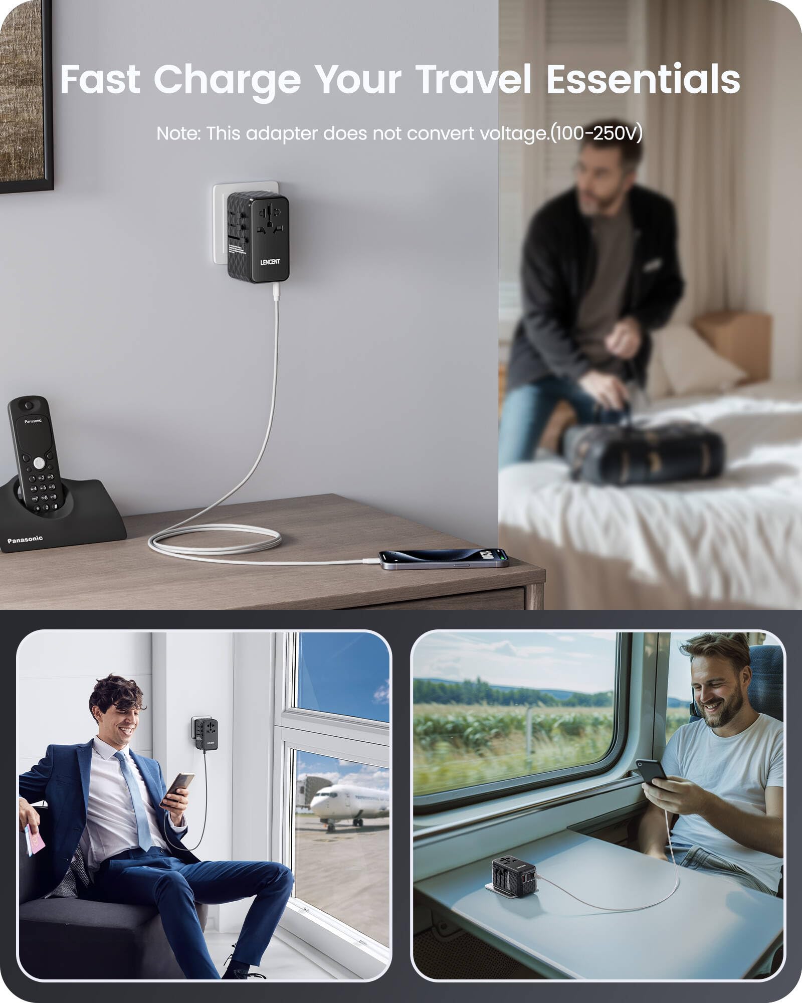 LENCENT Adaptador Universal de Viaje, 120W Internacional con 1 USB y 3 USB-C PD Carga Rápida, Cargador Europeo con Enchufe Tipo A/C/G/I para USA/UE/Reino Unido/Australia, Negro