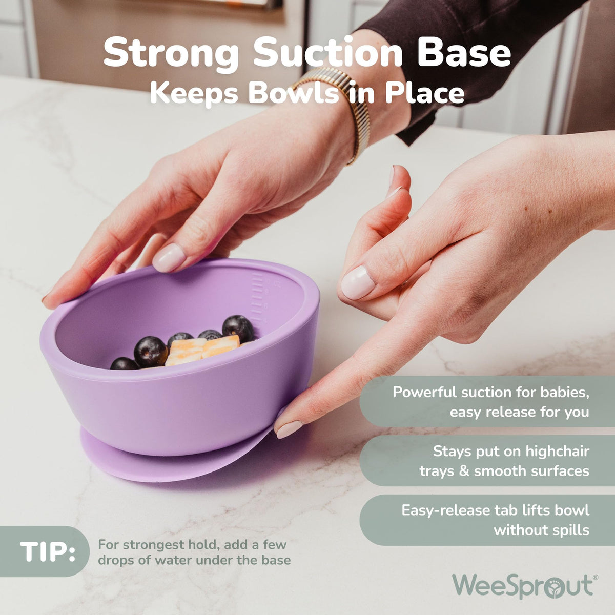 WeeSprout - Cuencos de succión para bebés y niños pequeños (juego de 2), 100% silicona con tapa de plástico, suministros de alimentación a prueba de fugas, vajilla para bebés y microondas con base