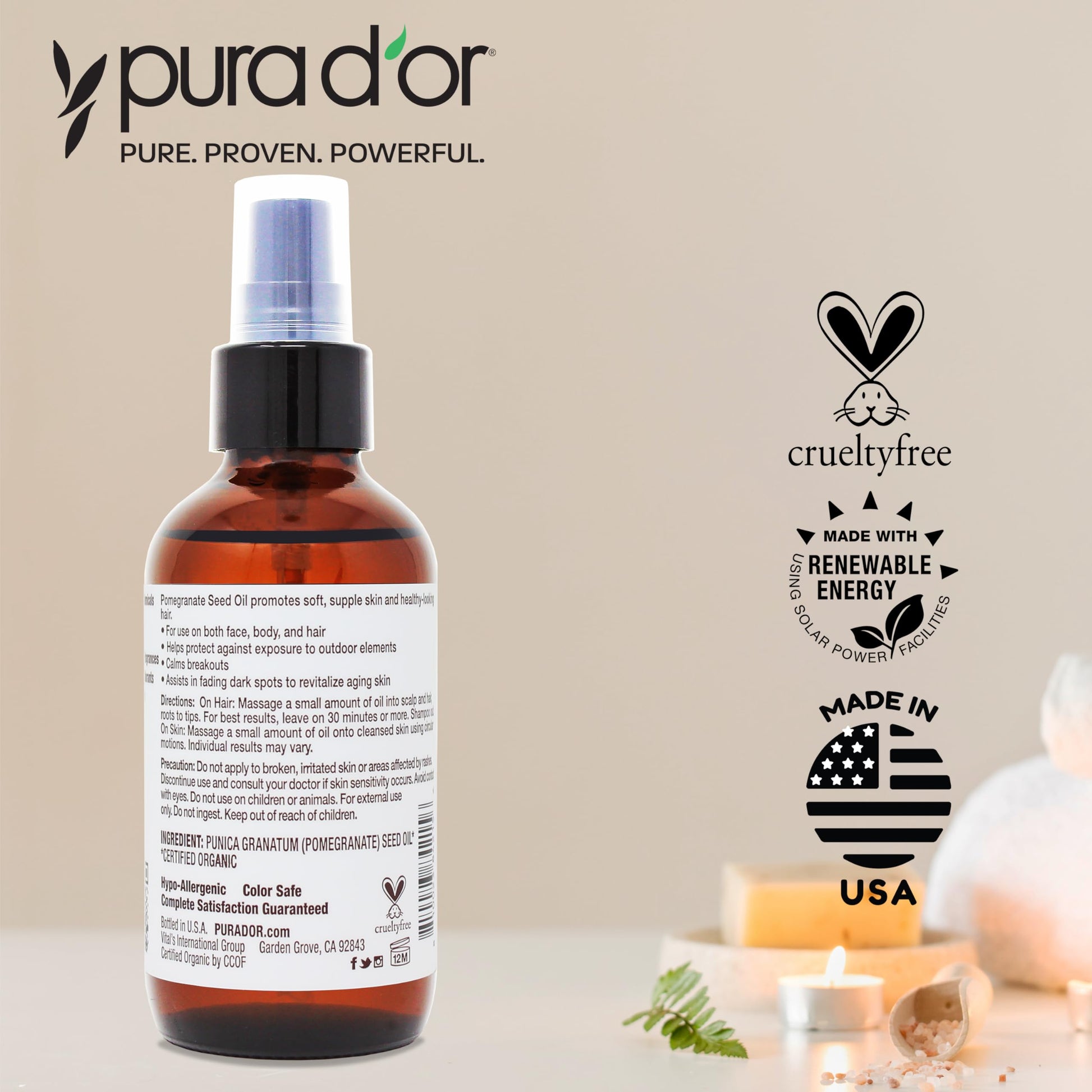 PURA D'OR Óleo de romã orgânico de 118 ml – Óleo de romã prensado a frio 100% puro certificado pela USDA – Óleo corporal orgânico para cabelo, rosto e pele – Hidratante capilar puro óleo de limpeza – Óleo de cicatriz