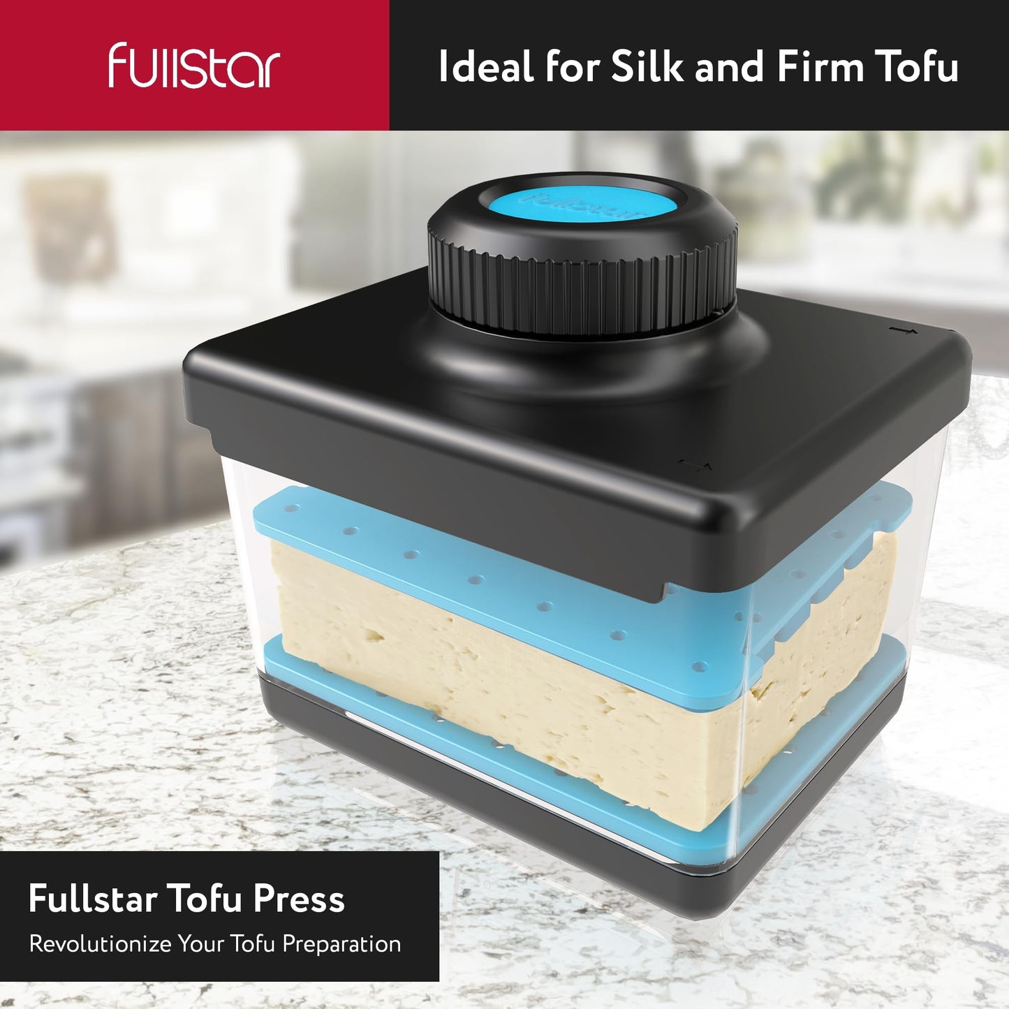 Fullstar - Prensa y cortador de tofu 2 en 1, apto para lavaplatos, sin BPA, caja de prensa para tofu extra firme y sedoso (azul)