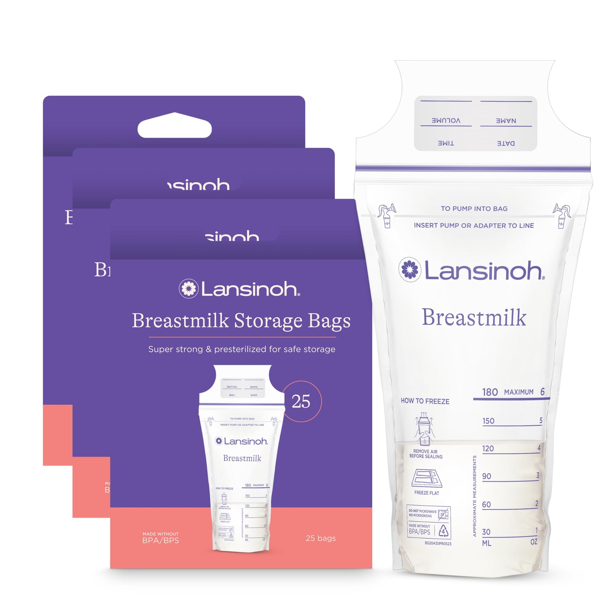 Lansinoh Breastmilk Storage Bags With Convenient Pour Spout and Patented Double Zipper Seal, Ideal for Storing and Freezing Breastmilk, 3 Packs of 25 Count (75 Count), BPA and BPS Free