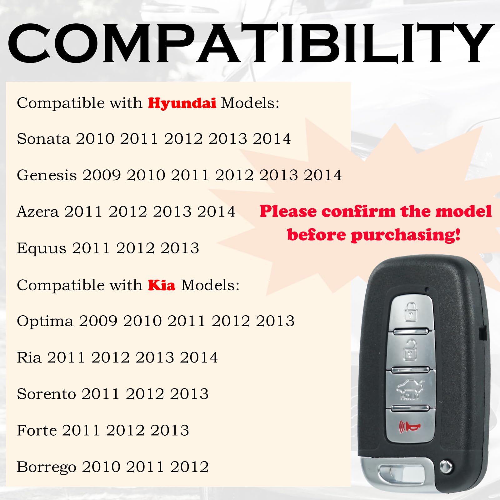 SUPALAND - Llavero de repuesto para Hyundai Sonata Genesis 2010 2011 2012 2013 2014 Azera Equus Kia Optima 2009-2013 Ria Sorento Forte Borrego Control remoto inteligente de entrada sin llave