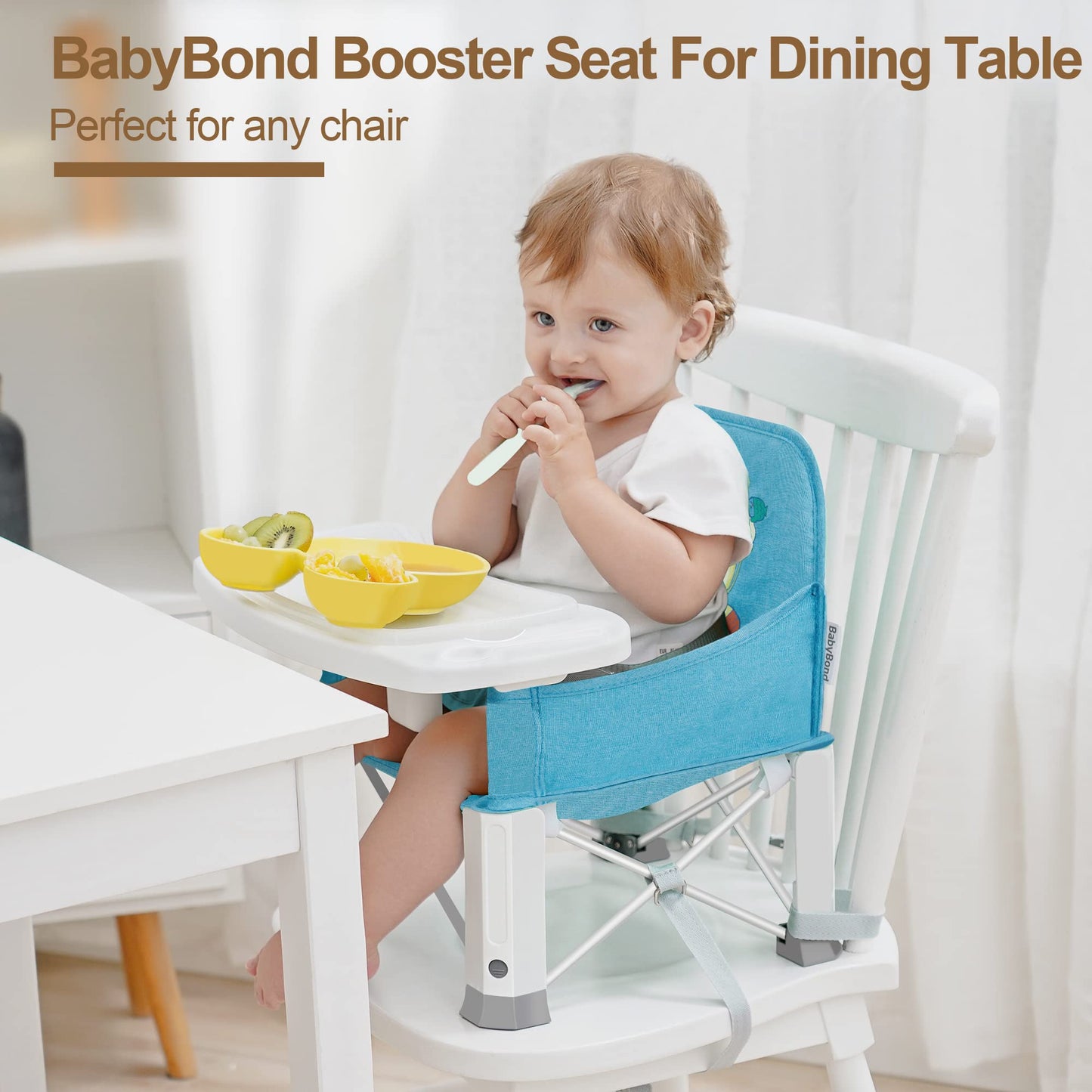 BabyBond - Asiento elevador de viaje para bebé con doble bandeja, silla de bebé portátil mejorada, asiento elevador para mesa de comedor, silla de bebé estable y plegable para interiores y exteriores