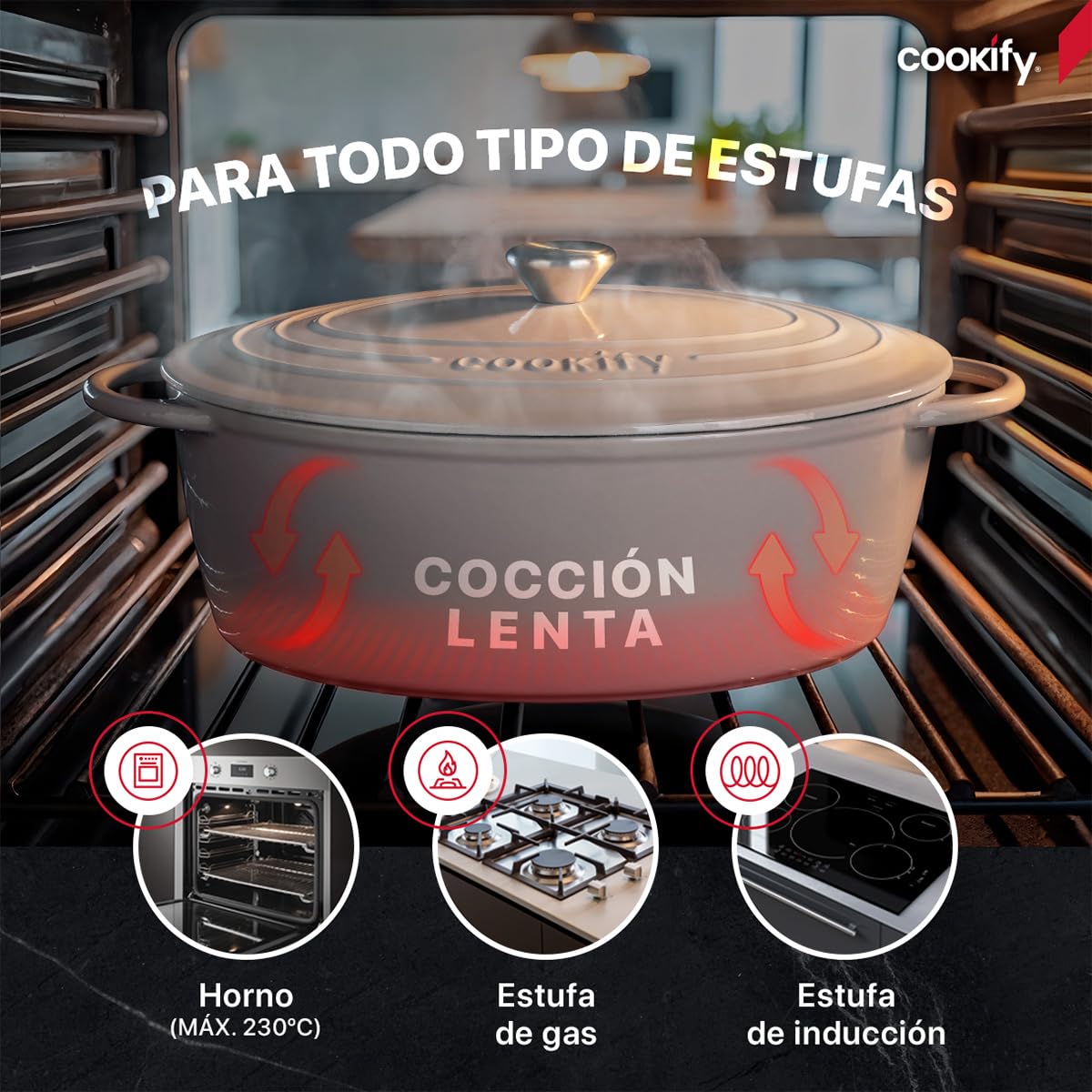 Cookify Olla de Hierro Fundido Esmaltado para Horno y Estufa, Horno Holandés Capacidad 7 Litros Dutch Oven (Taupe, 35 cm)