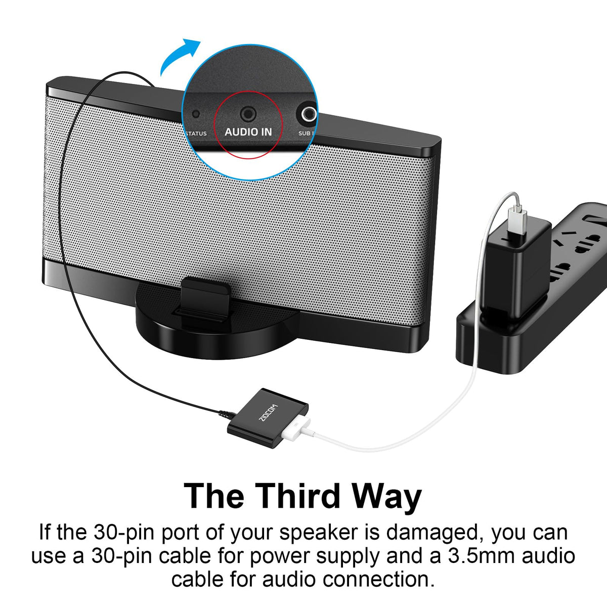 Receptor Bluetooth ZIOCOM Negro con Cable Auxiliar de 3.5 mm para Bose SoundDock y Altavoces de 30 Pines