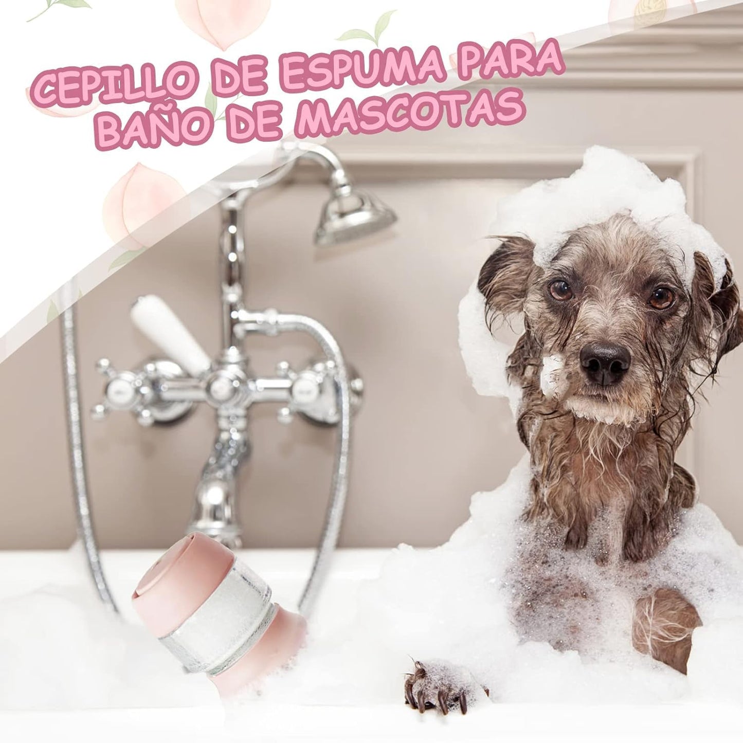Cepillo de baño para mascotas, cepillo para perros con 2 cabezales de cepillo de silicona suave, dispensador de masaje de champú para mascotas para aseo de mascotas, cepillo de ducha para limpieza de cabello de perros y gatos(Rosa)