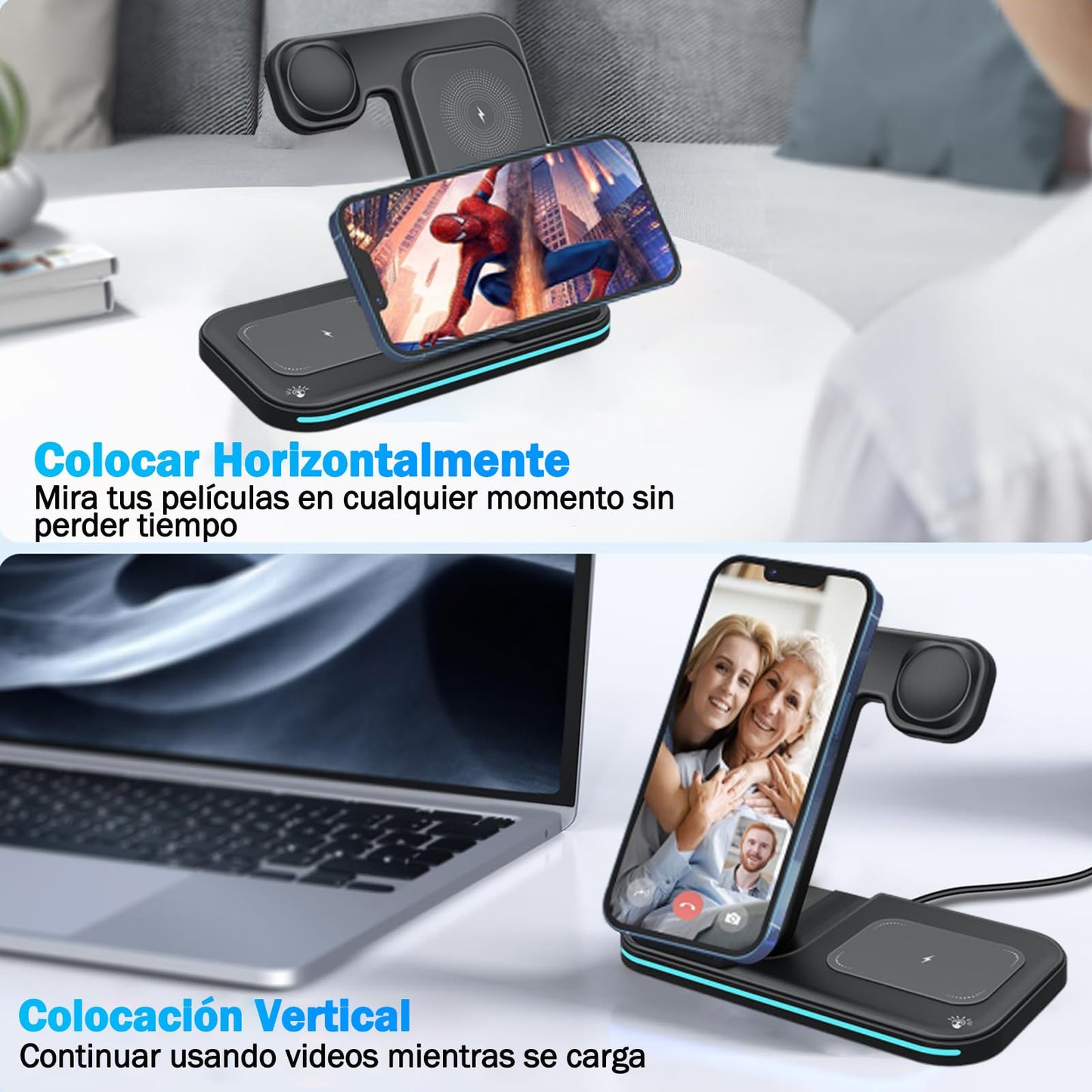 DKJBF Estación de Carga 3 en 1 Inalámbrica con Cable USB e Indicador LED - Compatible con iPhone, Samsung, Apple Watch Series 8/7/6/5/4/3/2/SE y AirPods 2/3/Pro