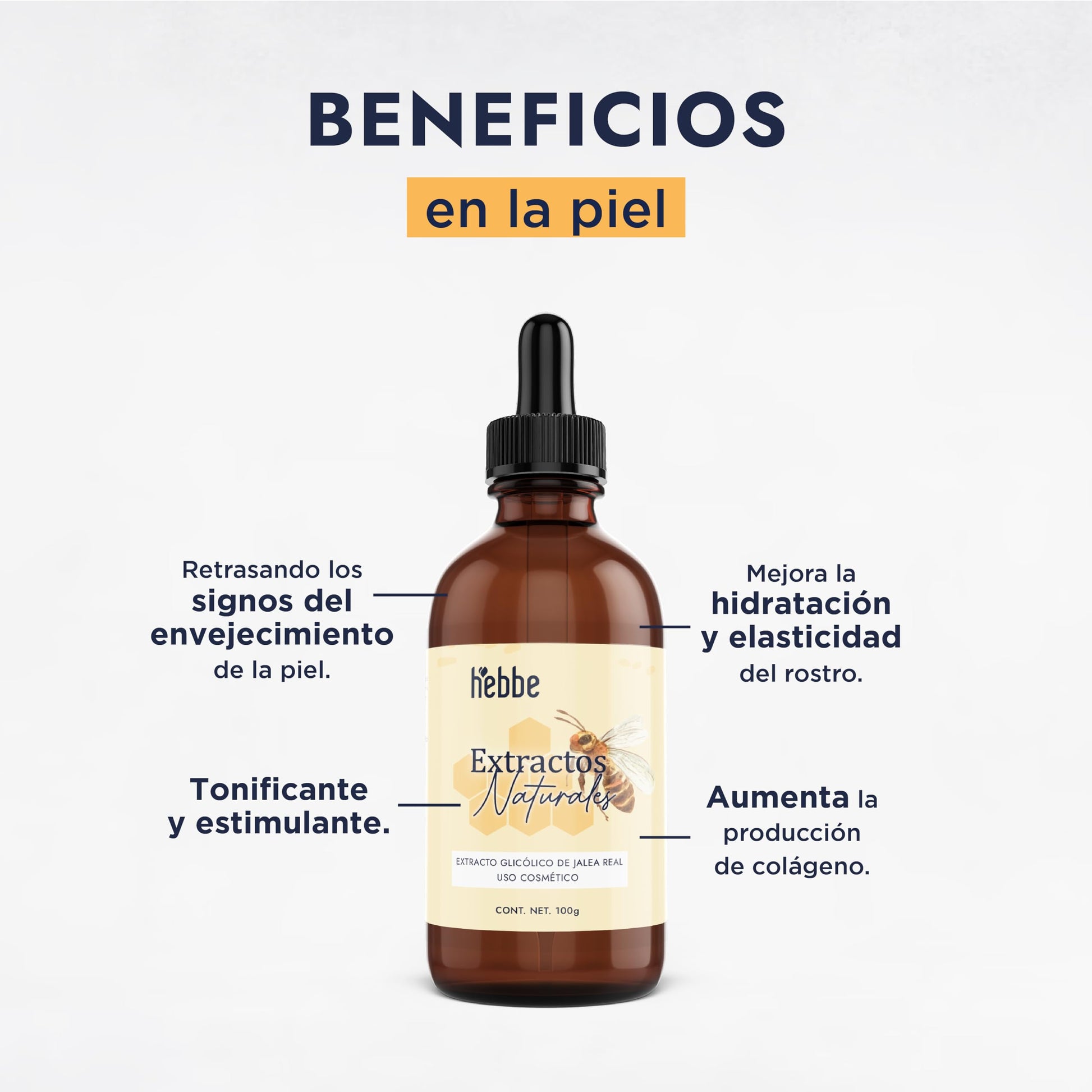 HEBBE - Extracto Vegetal de Jalea Real 100 g | Retrasa los Signos del Envejecimiento, Tonificante y Estimulante | Mejora la Hidratación y Elasticidad de la Piel | Aumenta la Producción de Colágeno | Contenido de 100 g