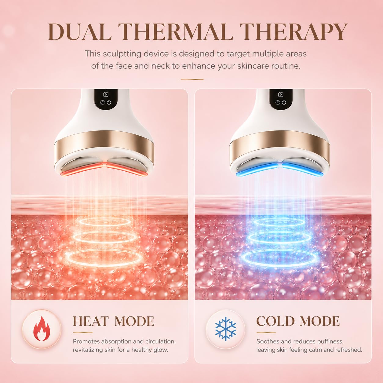 Rylynn Masajeador facial y corporal de frío y calor, herramienta de escultura de curva ancha para desinflamar el rostro y reafirmar el cuello y el pecho, con 7 modos de vibración táctil inteligente y