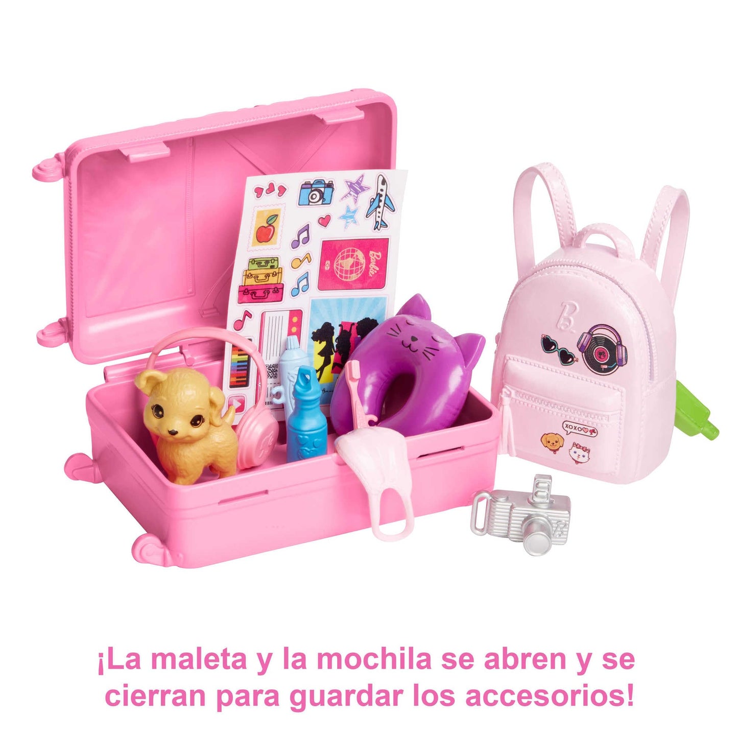Barbie Muñeca Viajera con Set de Viaje, Incluye Mascota y más de 10 Accesorios, la Maleta Abre y Cierra, 3 años en adelante
