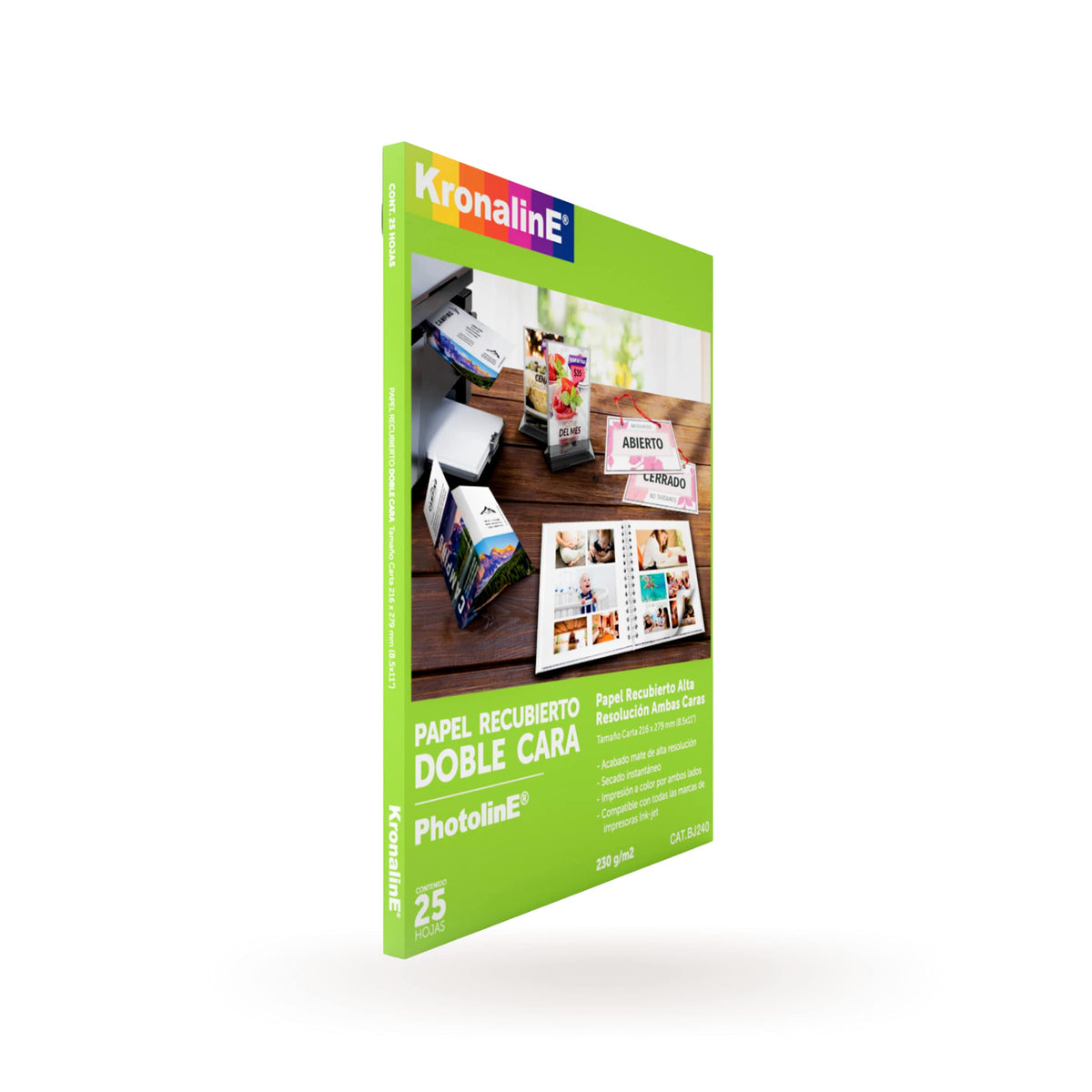 Papel Recubierto Kronaline Alta Resolución Blanco Doble Cara 230g/m2 Para Impresora De Inyección De Tinta Acabado Mate 25 Hojas Tamaño Carta