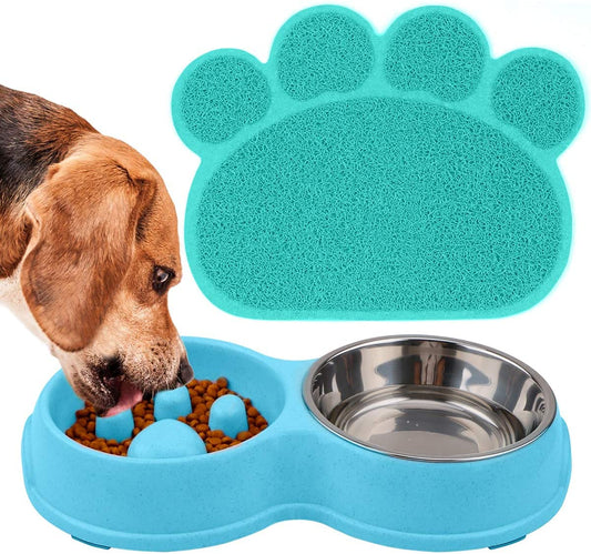 FUXINGONE Comedero para Perros y Gato, Platos para Mascota de Acero Inoxidable con tapete Antideslizante, Tazones Dobles para Agua y Comida, para Perros y Gatos (Azul)