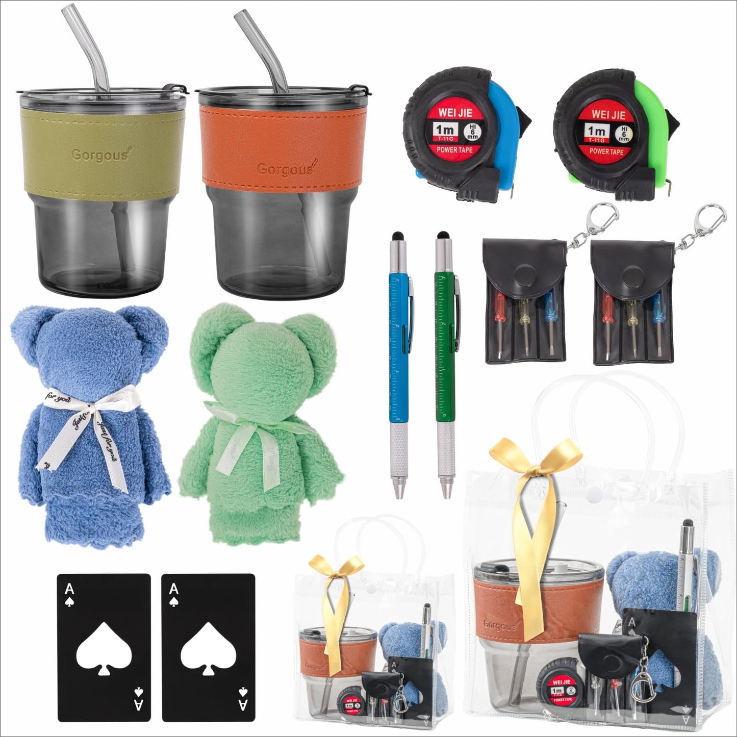 Buecobby - Juego de 2 premios para baby shower para hombres, con paño de limpieza de vasos de vidrio, mini destornillador, juego de llaveros, multiherramientas, divertidos premios útiles para