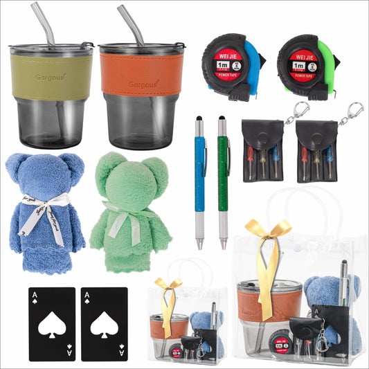 Buecobby - Juego de 2 premios para baby shower para hombres, con paño de limpieza de vasos de vidrio, mini destornillador, juego de llaveros, multiherramientas, divertidos premios útiles para