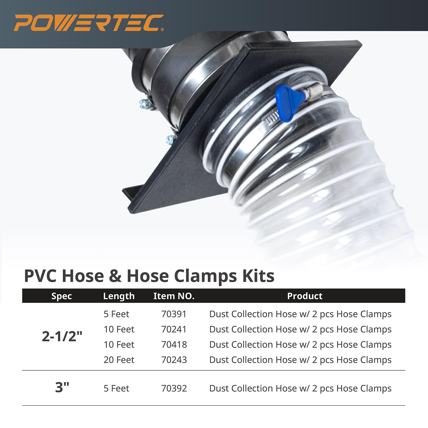 Manguera de Recogida de Polvo Powertec Transparente Flexible de PVC 4 Pulgadas x 20 Pies con Abrazaderas