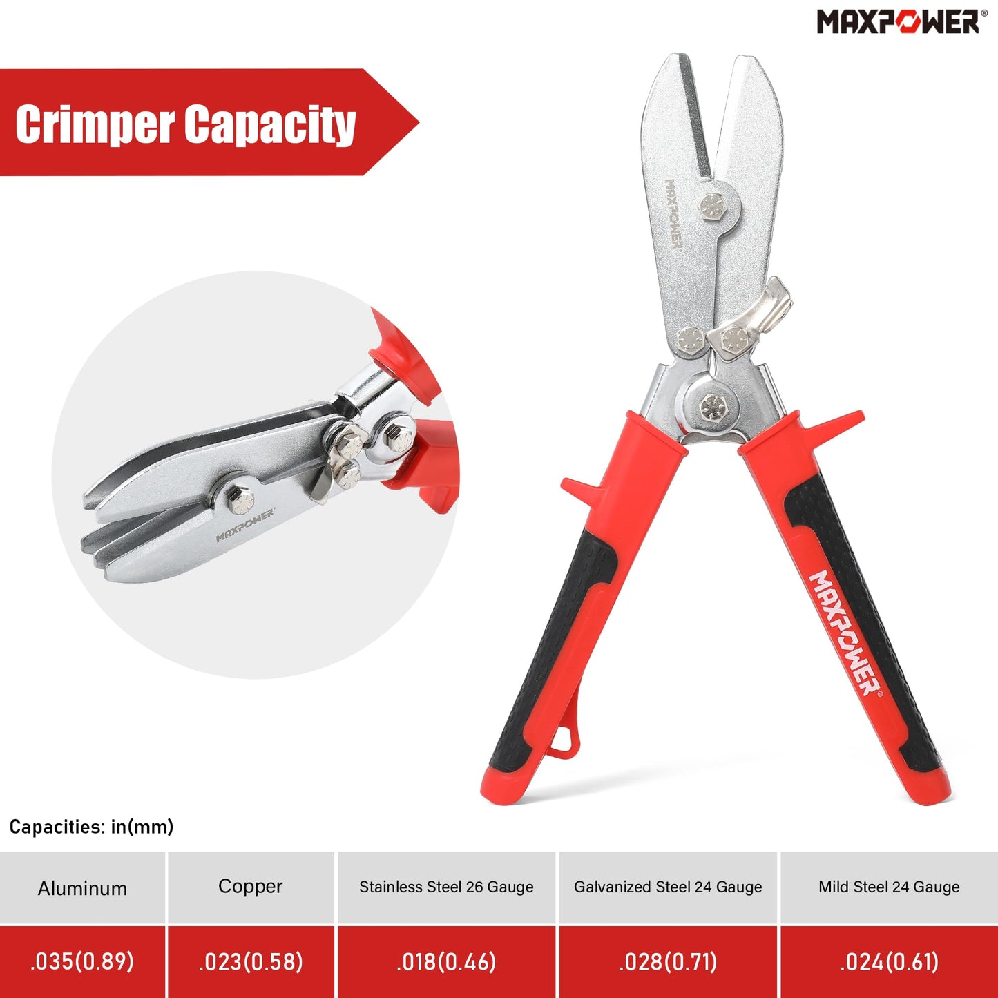 Crimpadora de chapa metálica MAXPOWER, crimpadora de tubos de 5 cuchillas, crimpadora manual de 9,8" para conductos de acero de calibre 24 y acero inoxidable de calibre 26, bajantes y tubos de estufa
